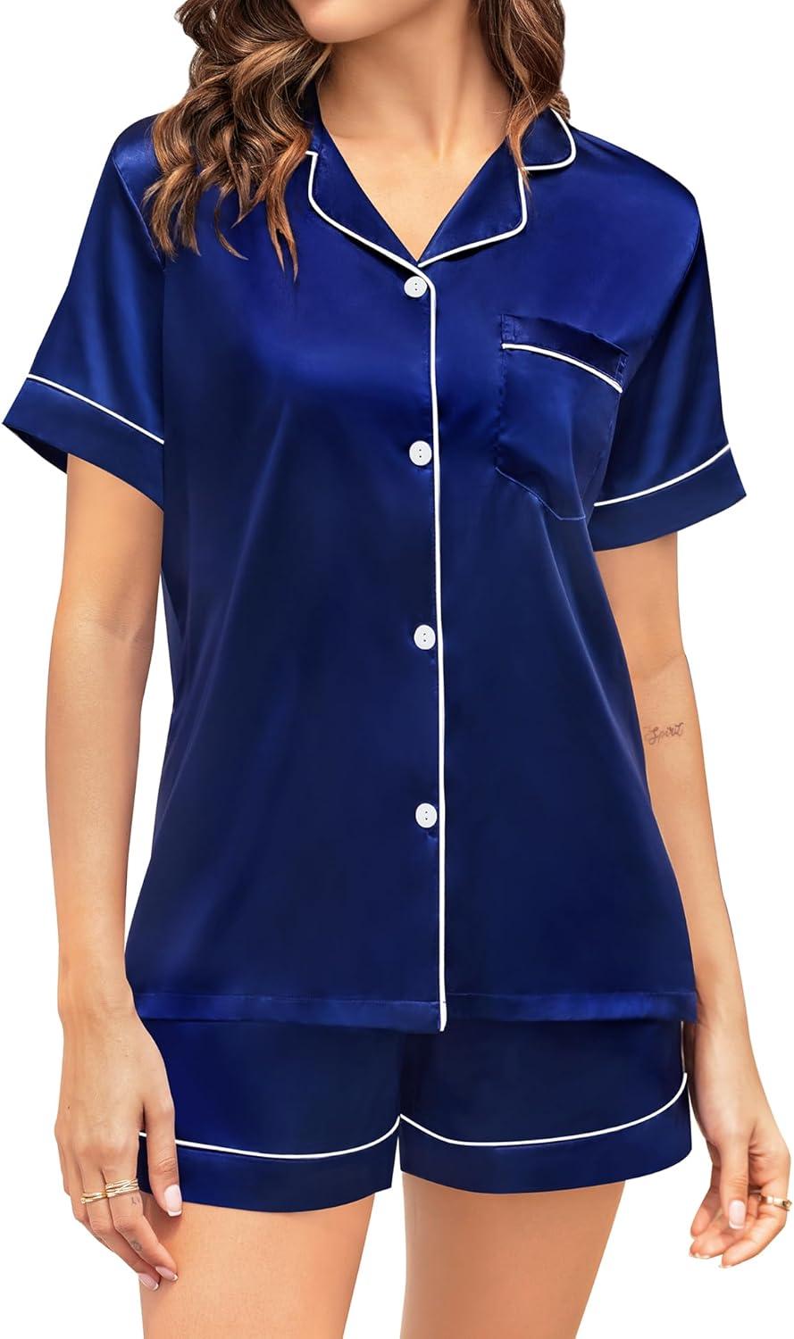 imageSWOMOG Couple Matching Pajamas Sets Women amp Men Button Down Silk Pjs Men Short Sleeve Soft Lounge Sets 2 Pcs LoungewearNavy Blue