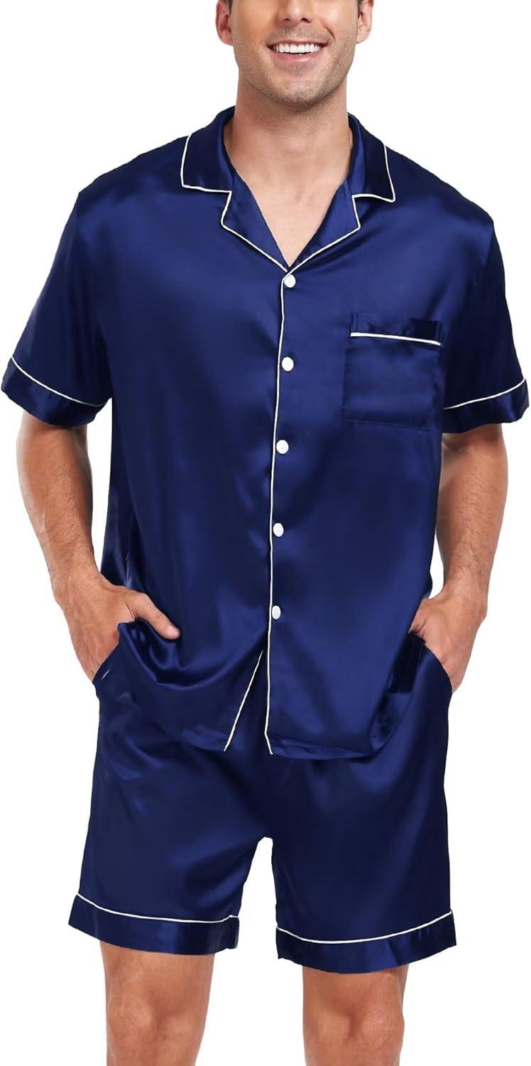 imageSWOMOG Couple Matching Pajamas Sets Women amp Men Button Down Silk Pjs Men Short Sleeve Soft Lounge Sets 2 Pcs LoungewearNavy Blue