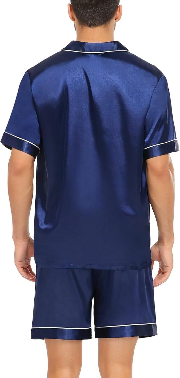 imageSWOMOG Couple Matching Pajamas Sets Women amp Men Button Down Silk Pjs Men Short Sleeve Soft Lounge Sets 2 Pcs LoungewearNavy Blue