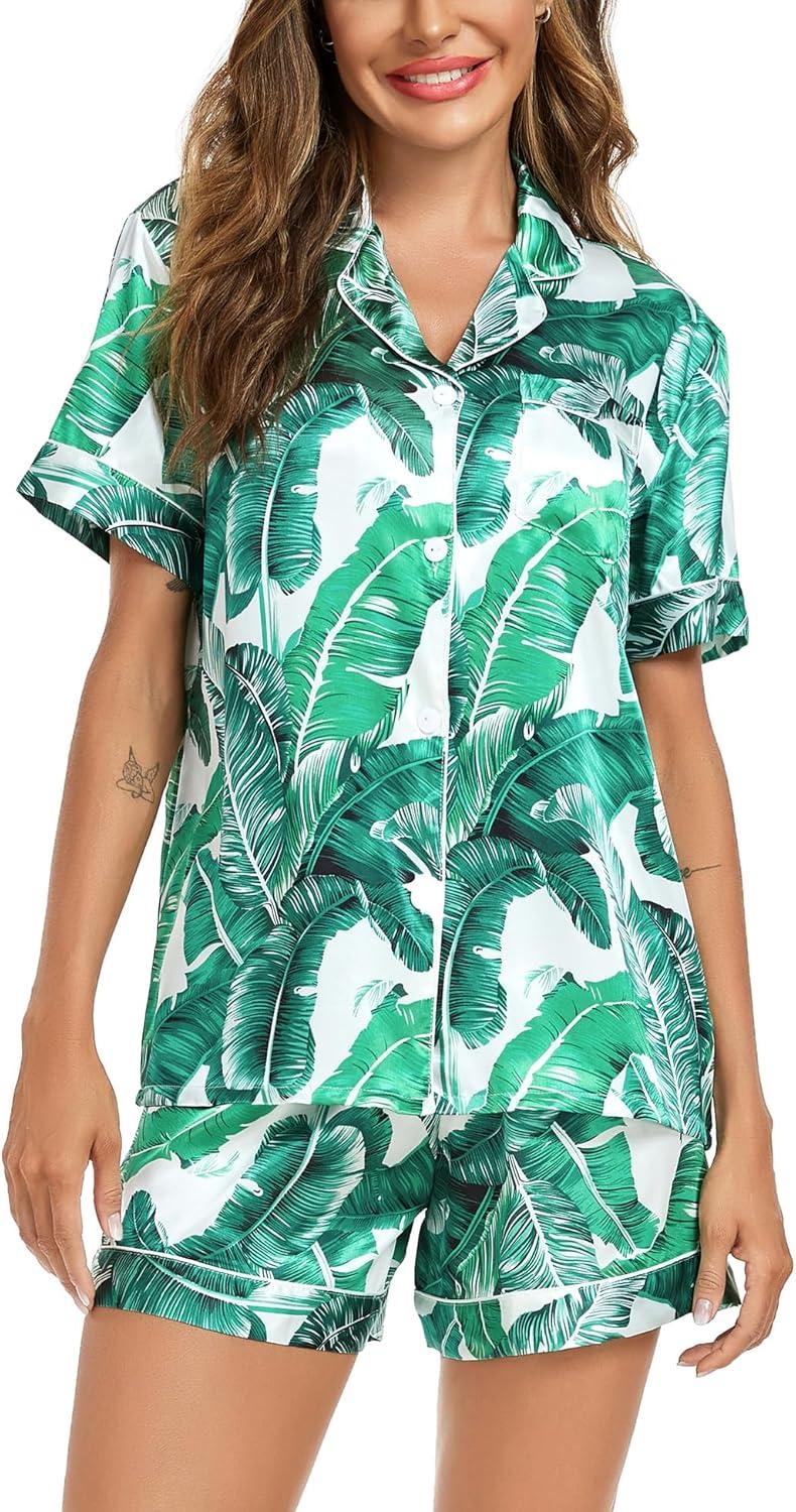 imageSWOMOG Couple Matching Pajamas Sets Women amp Men Button Down Silk Pjs Men Short Sleeve Soft Lounge Sets 2 Pcs LoungewearWhite Leaves
