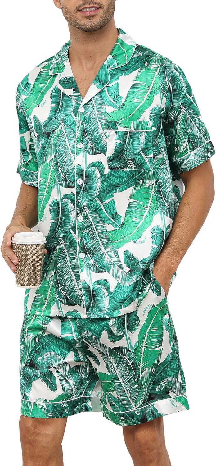 imageSWOMOG Couple Matching Pajamas Sets Women amp Men Button Down Silk Pjs Men Short Sleeve Soft Lounge Sets 2 Pcs LoungewearWhite Leaves