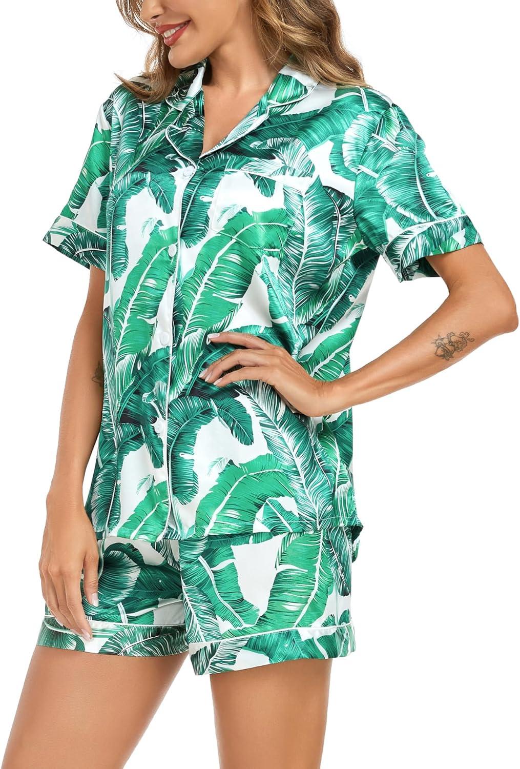 imageSWOMOG Couple Matching Pajamas Sets Women amp Men Button Down Silk Pjs Men Short Sleeve Soft Lounge Sets 2 Pcs LoungewearWhite Leaves