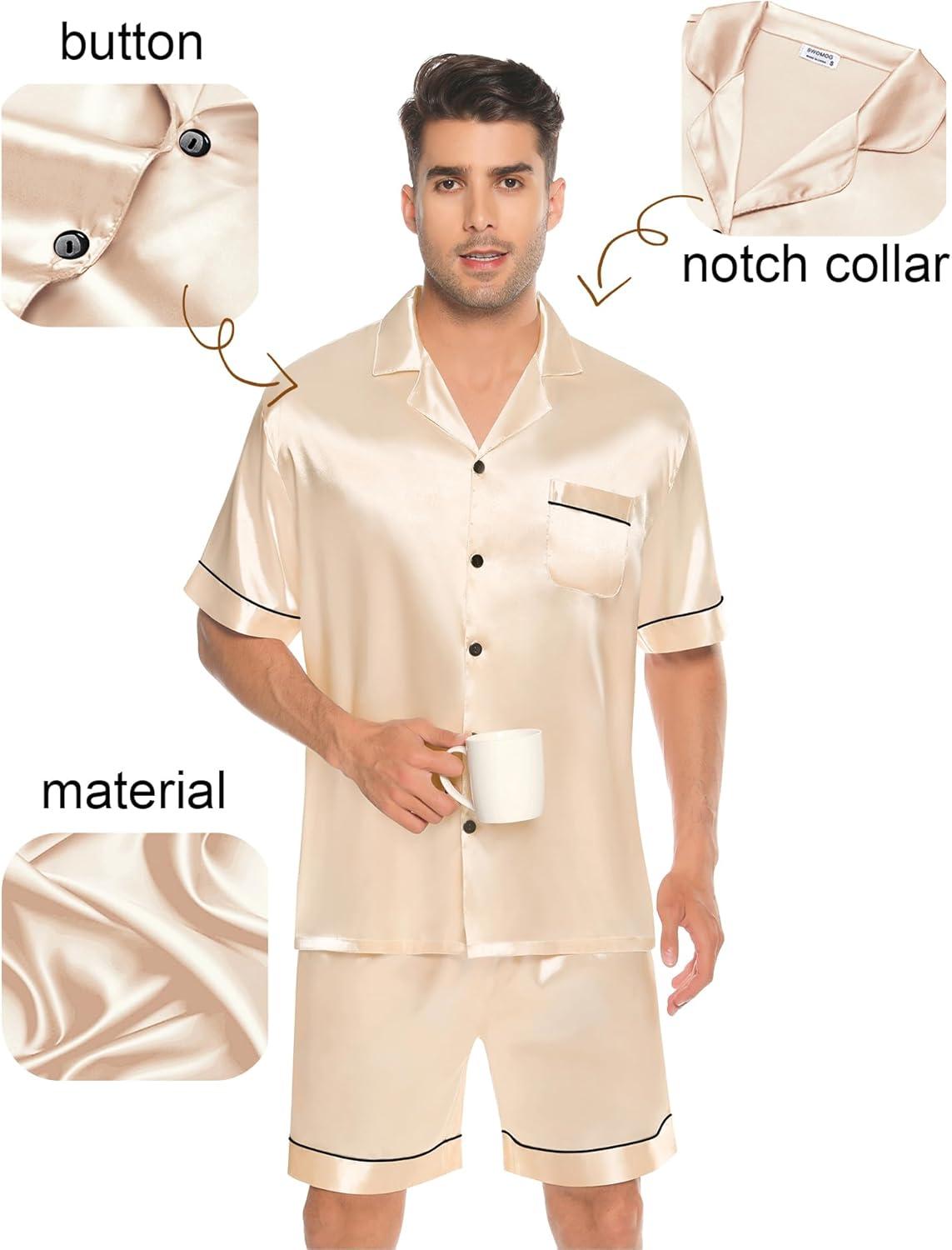 imageSWOMOG Couples Pajamas Women ampMen Silky Satin Sleepwear Short Sleeve Button Down Pj Set LoungewearChampagne