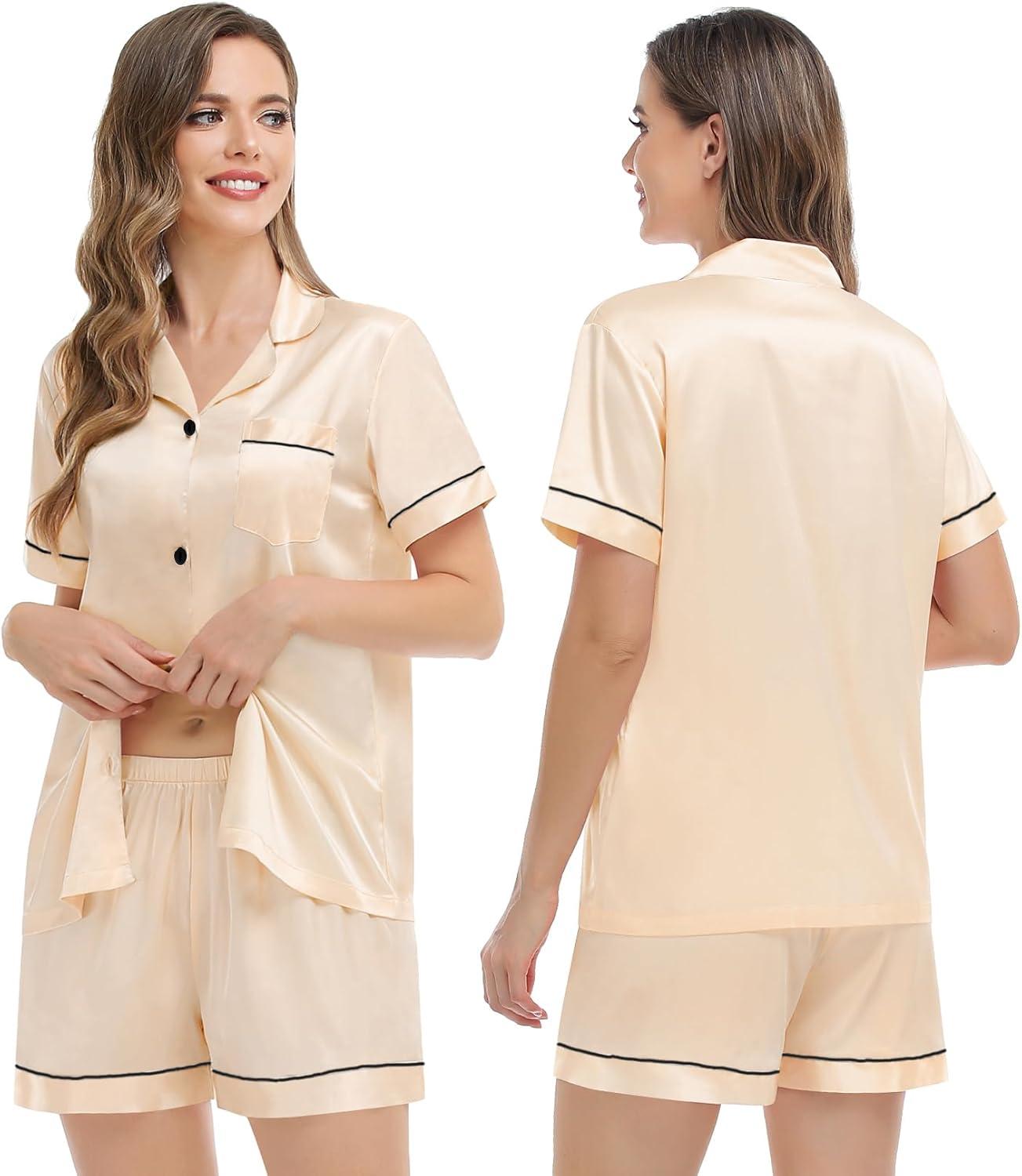 imageSWOMOG Couples Pajamas Women ampMen Silky Satin Sleepwear Short Sleeve Button Down Pj Set LoungewearChampagne