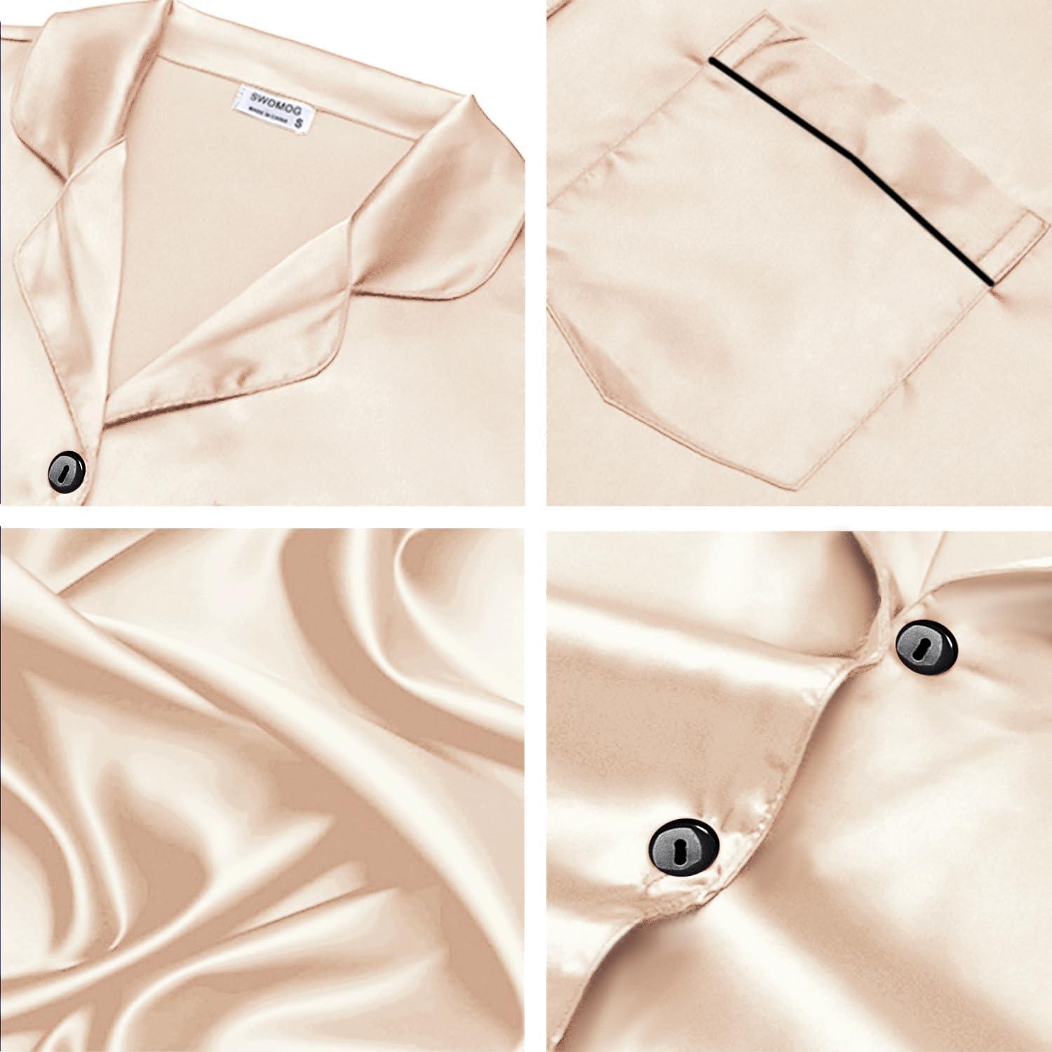 imageSWOMOG Couples Pajamas Women ampMen Silky Satin Sleepwear Short Sleeve Button Down Pj Set LoungewearChampagne