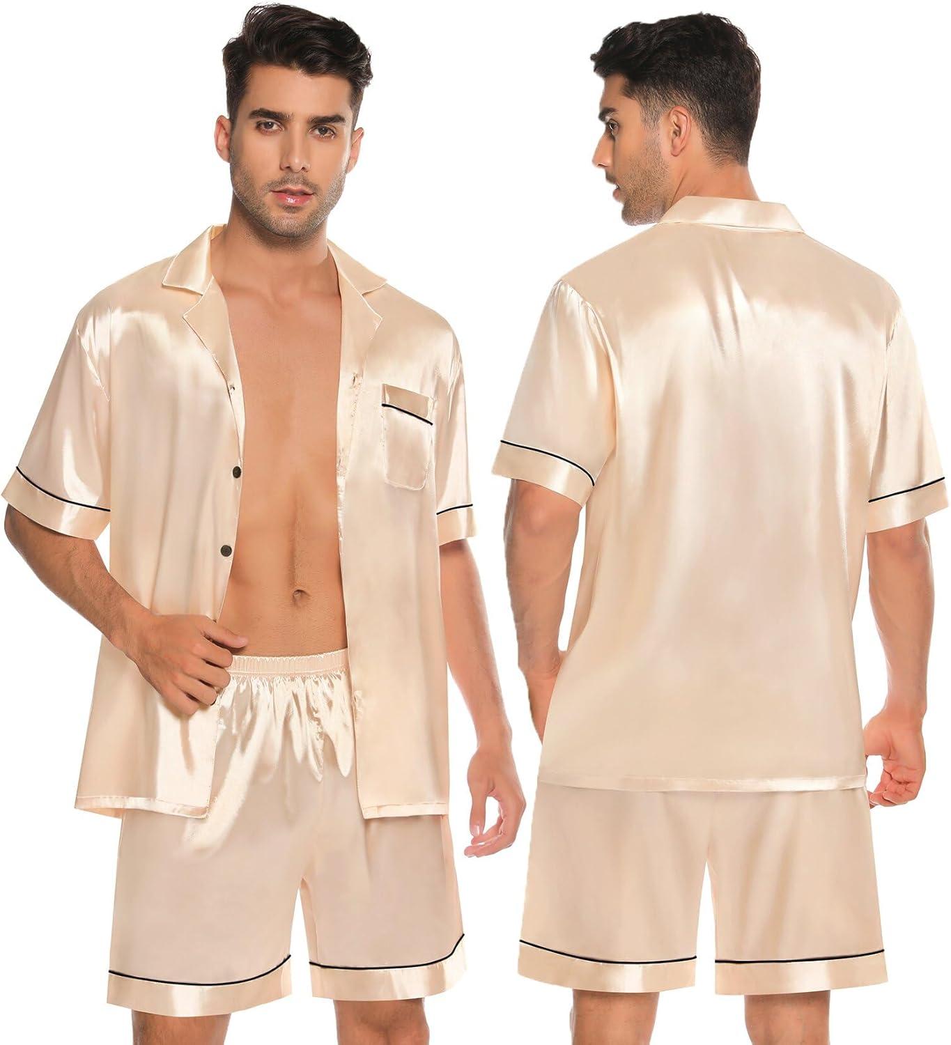 imageSWOMOG Couples Pajamas Women ampMen Silky Satin Sleepwear Short Sleeve Button Down Pj Set LoungewearChampagne