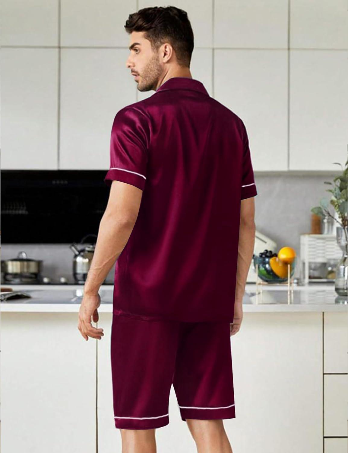 imageSWOMOG Couples Pajamas Women ampMen Silky Satin Sleepwear Short Sleeve Button Down Pj Set LoungewearDeep Wine Red