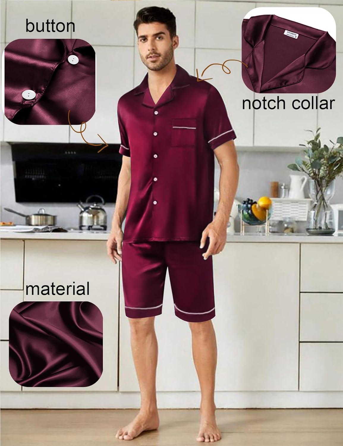 imageSWOMOG Couples Pajamas Women ampMen Silky Satin Sleepwear Short Sleeve Button Down Pj Set LoungewearDeep Wine Red
