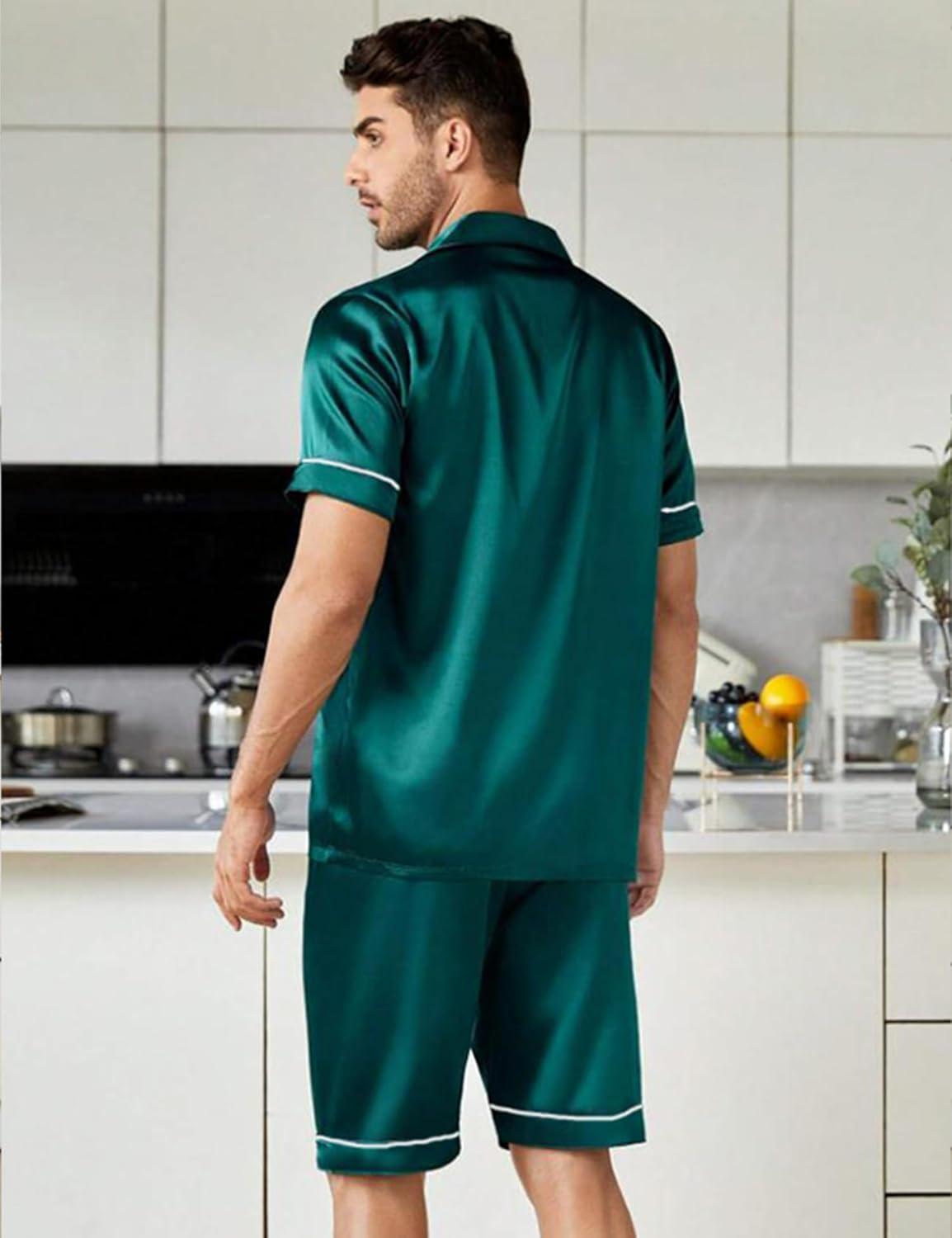 imageSWOMOG Couples Pajamas Women ampMen Silky Satin Sleepwear Short Sleeve Button Down Pj Set LoungewearGreen