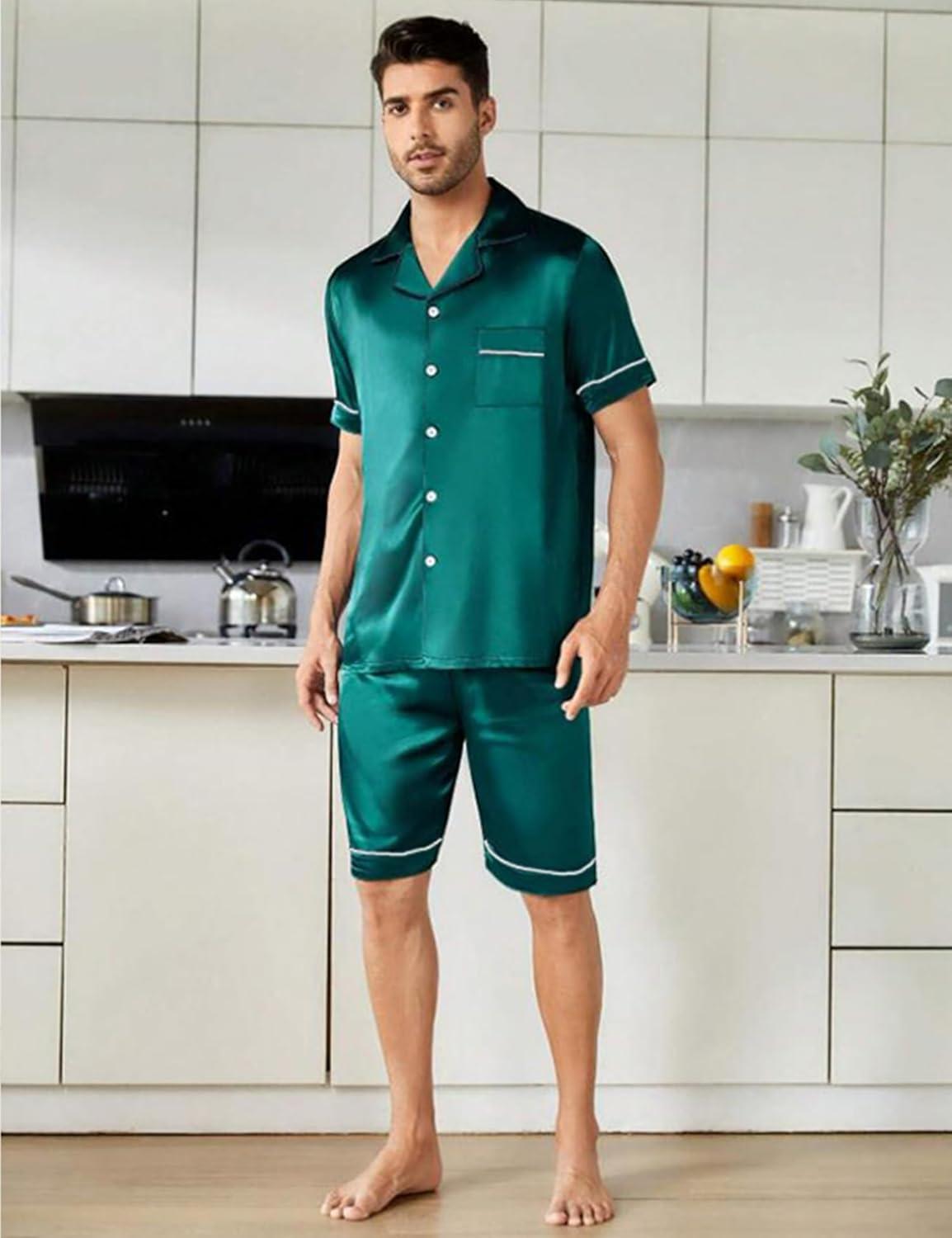 imageSWOMOG Couples Pajamas Women ampMen Silky Satin Sleepwear Short Sleeve Button Down Pj Set LoungewearGreen