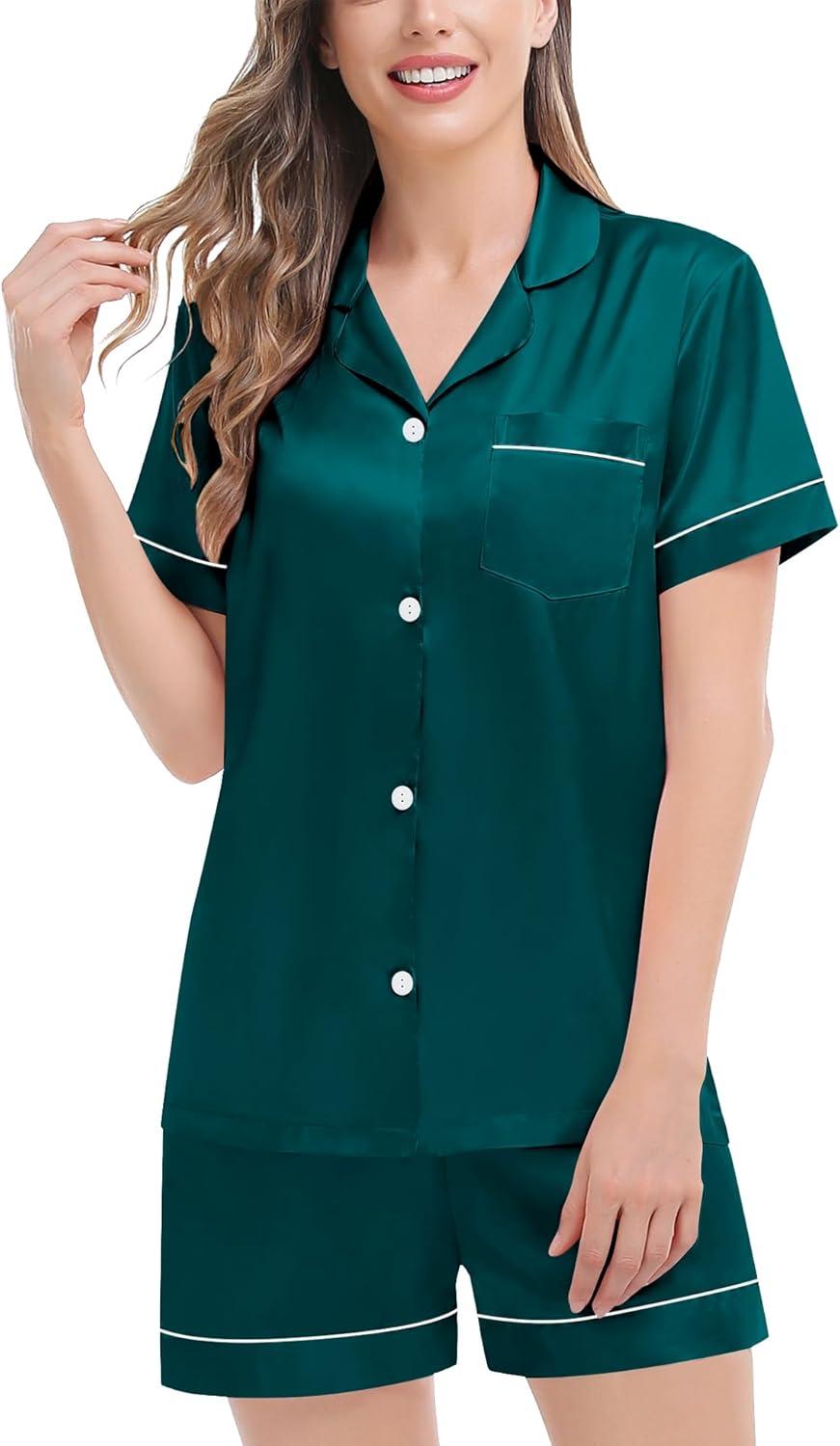 imageSWOMOG Couples Pajamas Women ampMen Silky Satin Sleepwear Short Sleeve Button Down Pj Set LoungewearGreen