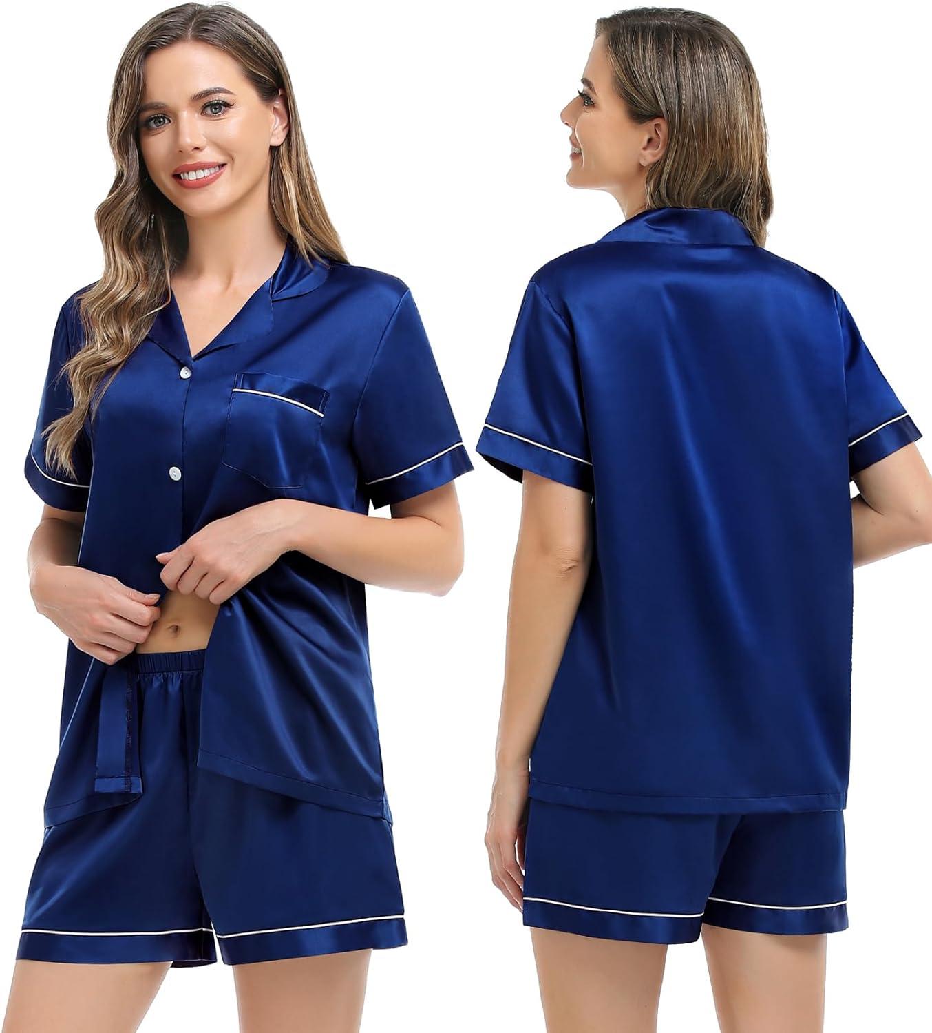 imageSWOMOG Couples Pajamas Women ampMen Silky Satin Sleepwear Short Sleeve Button Down Pj Set LoungewearNavy Blue