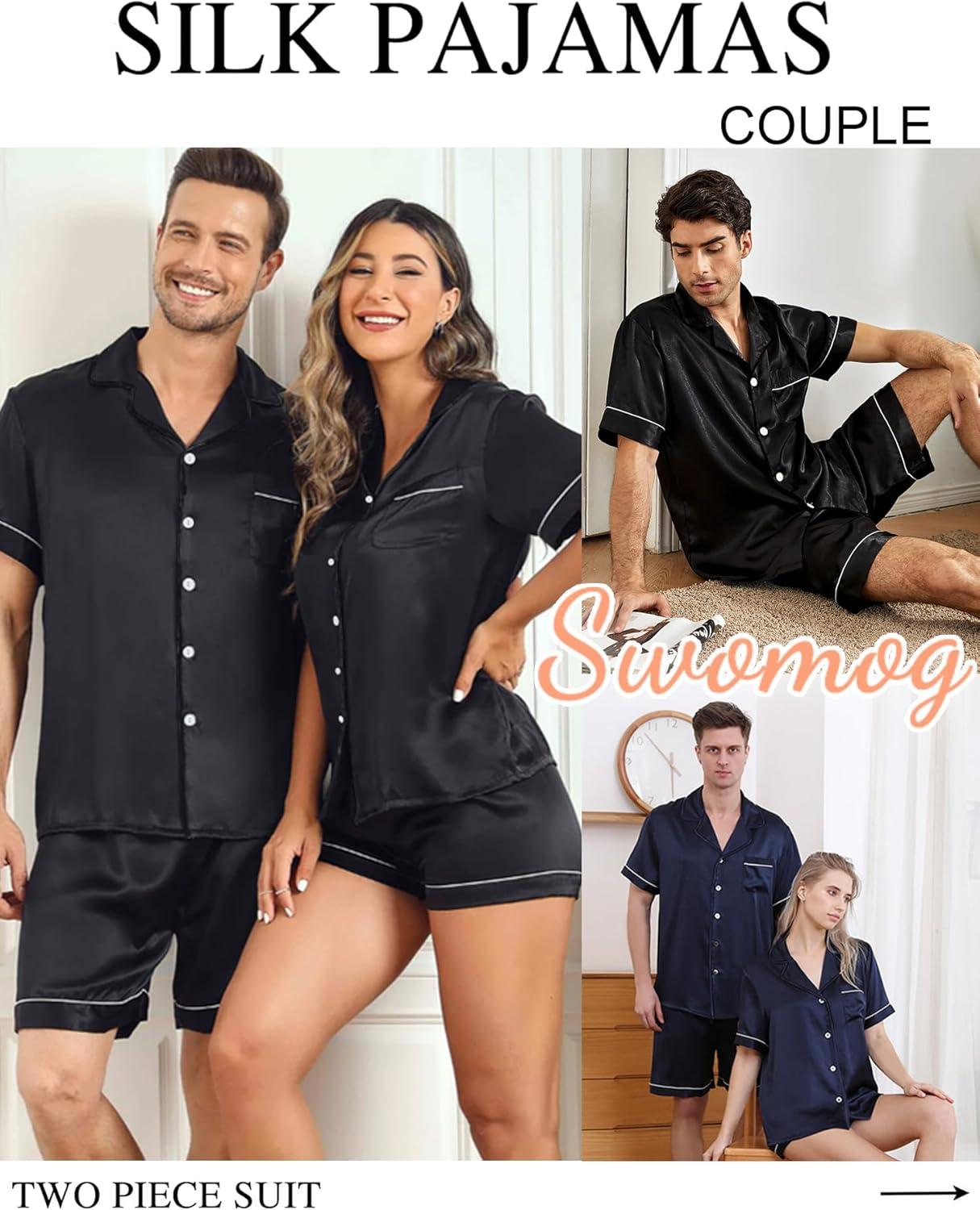 imageSWOMOG Couples Pajamas Women ampMen Silky Satin Sleepwear Short Sleeve Button Down Pj Set LoungewearNavy Blue