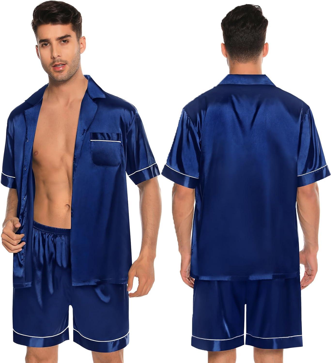 imageSWOMOG Couples Pajamas Women ampMen Silky Satin Sleepwear Short Sleeve Button Down Pj Set LoungewearNavy Blue