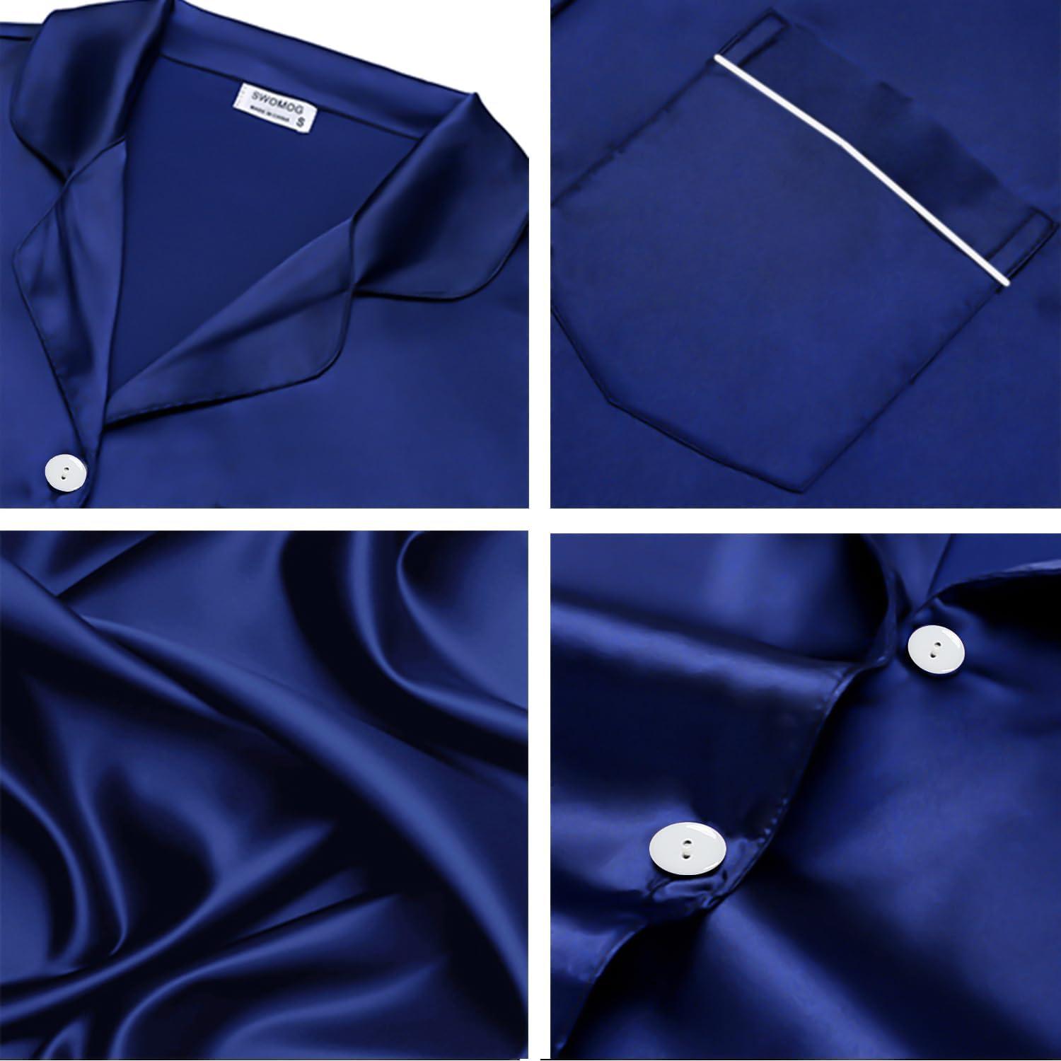 imageSWOMOG Couples Pajamas Women ampMen Silky Satin Sleepwear Short Sleeve Button Down Pj Set LoungewearNavy Blue