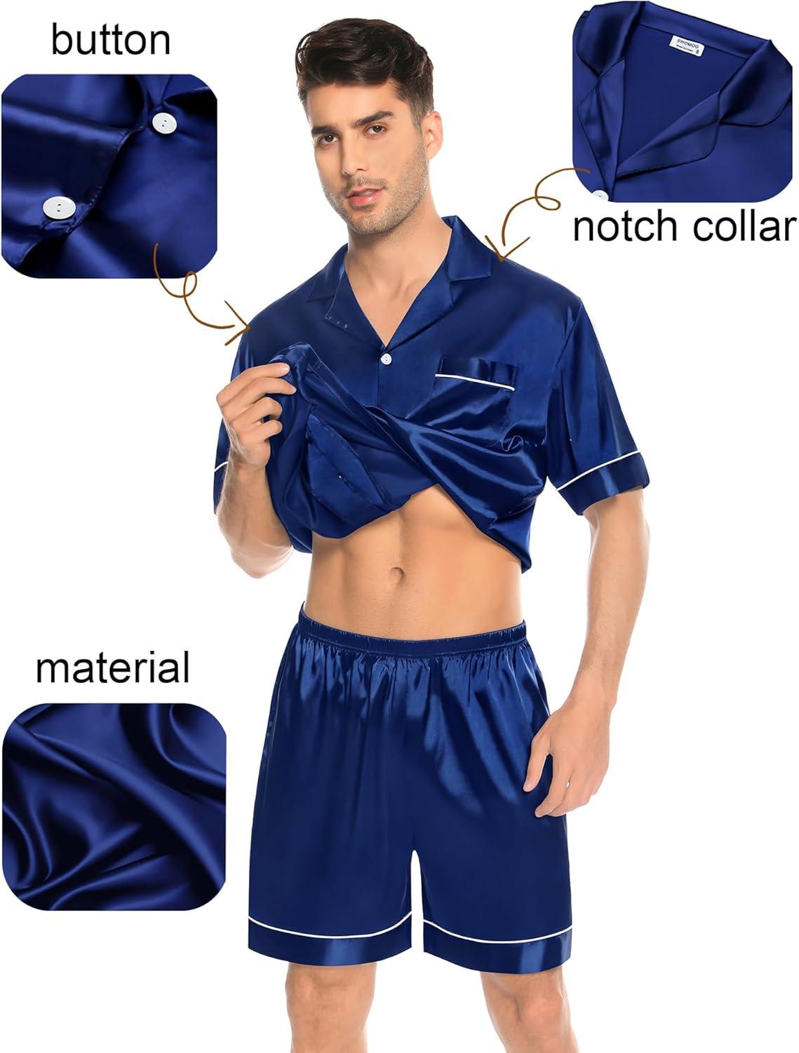 imageSWOMOG Couples Pajamas Women ampMen Silky Satin Sleepwear Short Sleeve Button Down Pj Set LoungewearNavy Blue