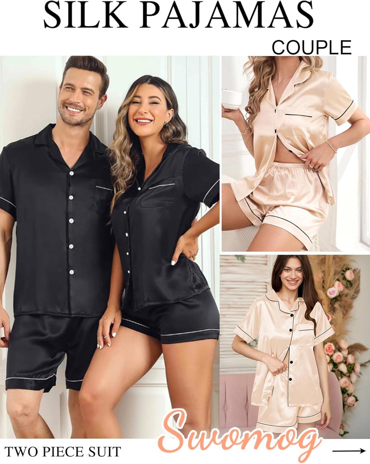 imageSWOMOG Couples Pajamas Women ampMen Silky Satin Sleepwear Short Sleeve Button Down Pj Set LoungewearWhite Leaves