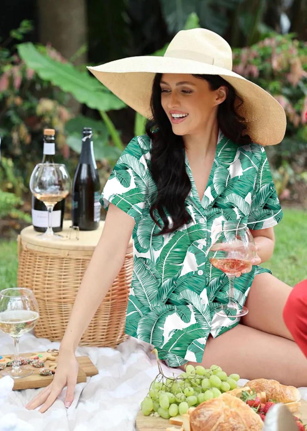 imageSWOMOG Couples Pajamas Women ampMen Silky Satin Sleepwear Short Sleeve Button Down Pj Set LoungewearWhite Leaves