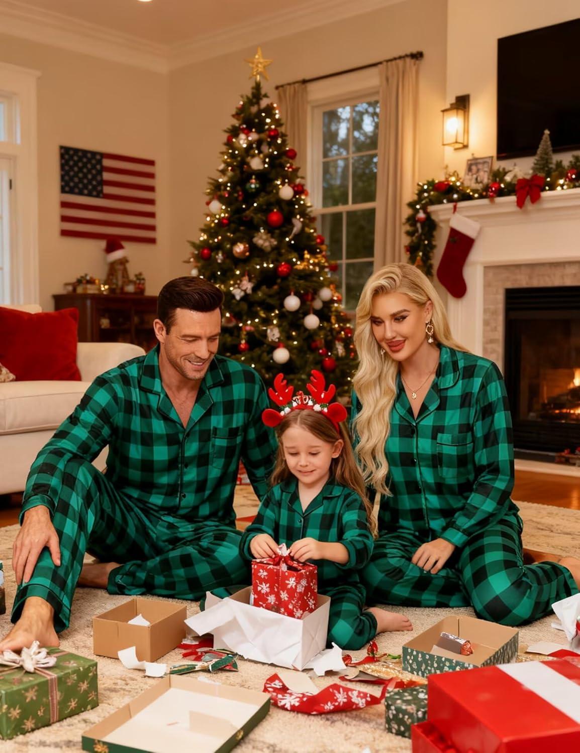 imageSWOMOG Family Matching Christmas Pajama Sets UltraSoft PJs Sets Long Sleeve Pull Over SleepwearGreen Plaid