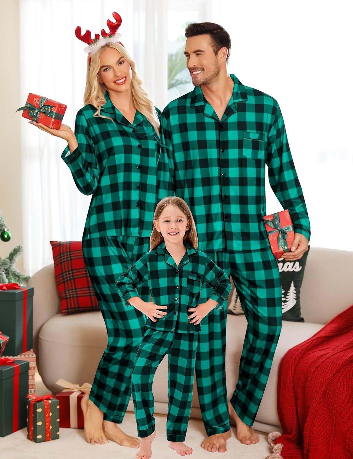 imageSWOMOG Family Matching Christmas Pajama Sets UltraSoft PJs Sets Long Sleeve Pull Over SleepwearGreen Plaid