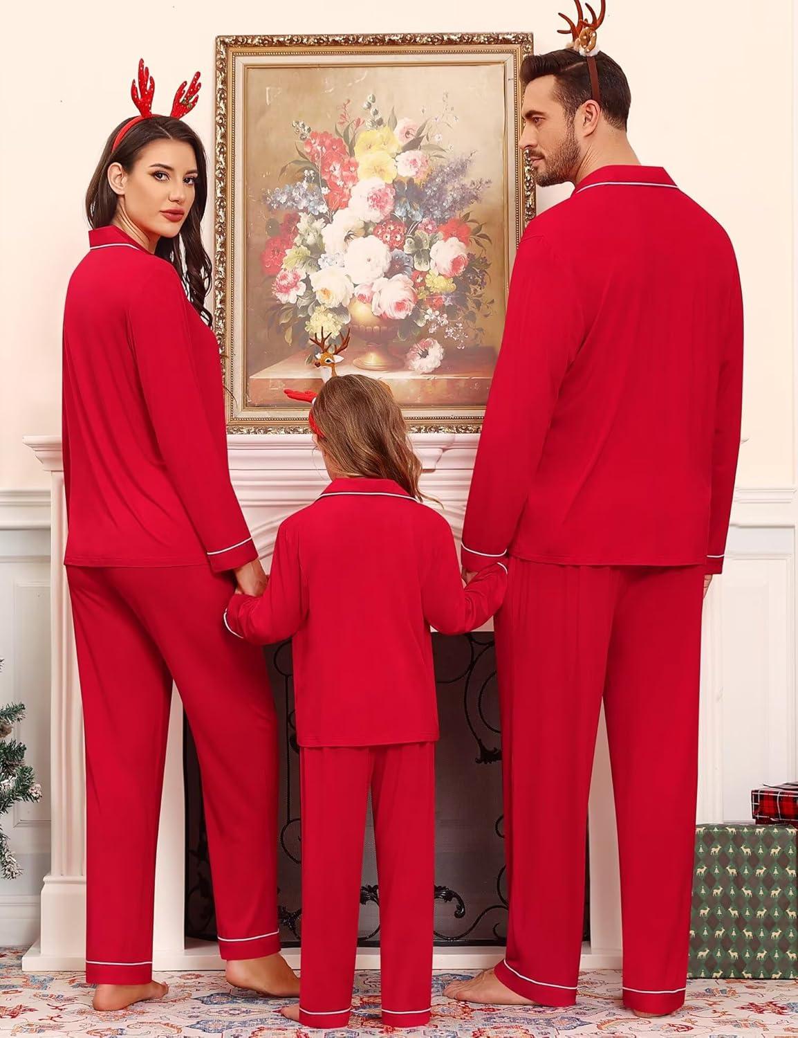 imageSWOMOG Family Matching Christmas Pajama Sets UltraSoft PJs Sets Long Sleeve Pull Over SleepwearLight Red