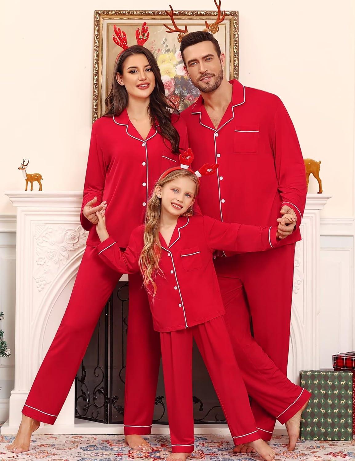 imageSWOMOG Family Matching Christmas Pajama Sets UltraSoft PJs Sets Long Sleeve Pull Over SleepwearLight Red