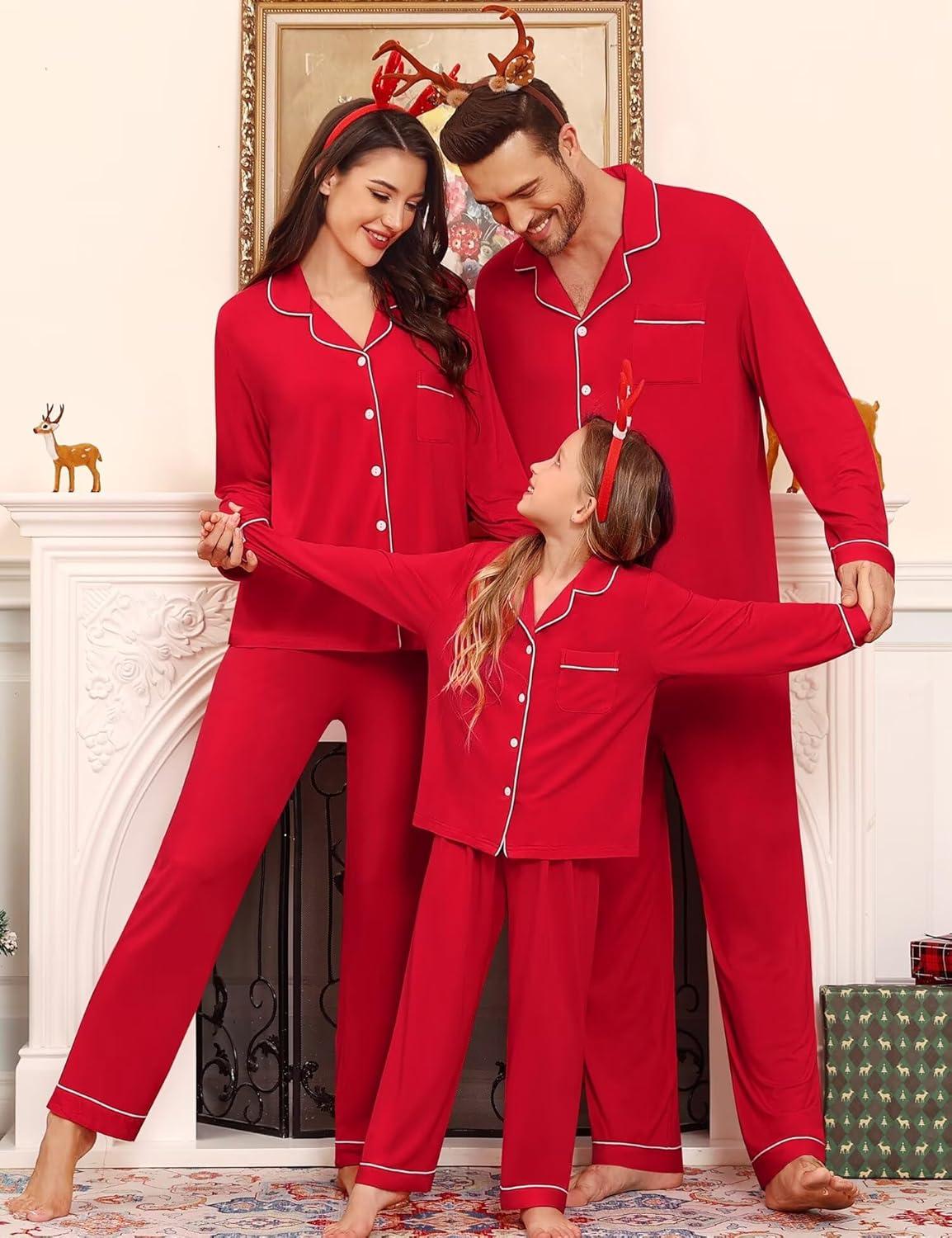 imageSWOMOG Family Matching Christmas Pajama Sets UltraSoft PJs Sets Long Sleeve Pull Over SleepwearLight Red