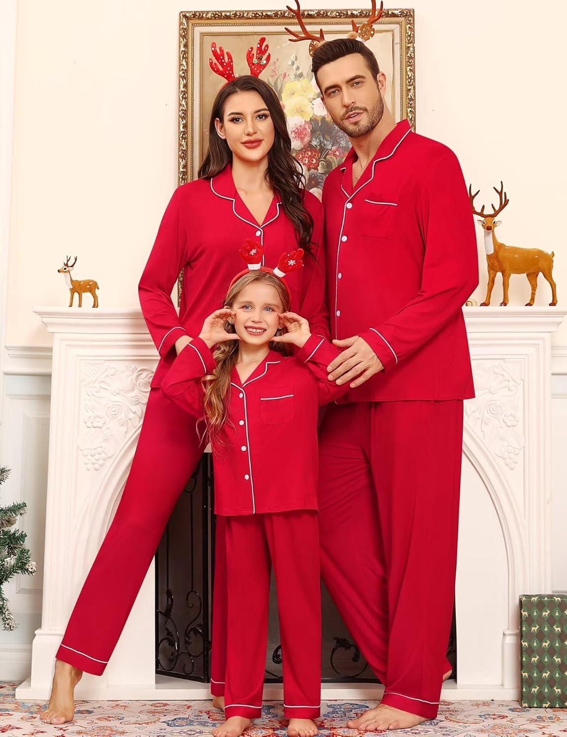 imageSWOMOG Family Matching Christmas Pajama Sets UltraSoft PJs Sets Long Sleeve Pull Over SleepwearLight Red
