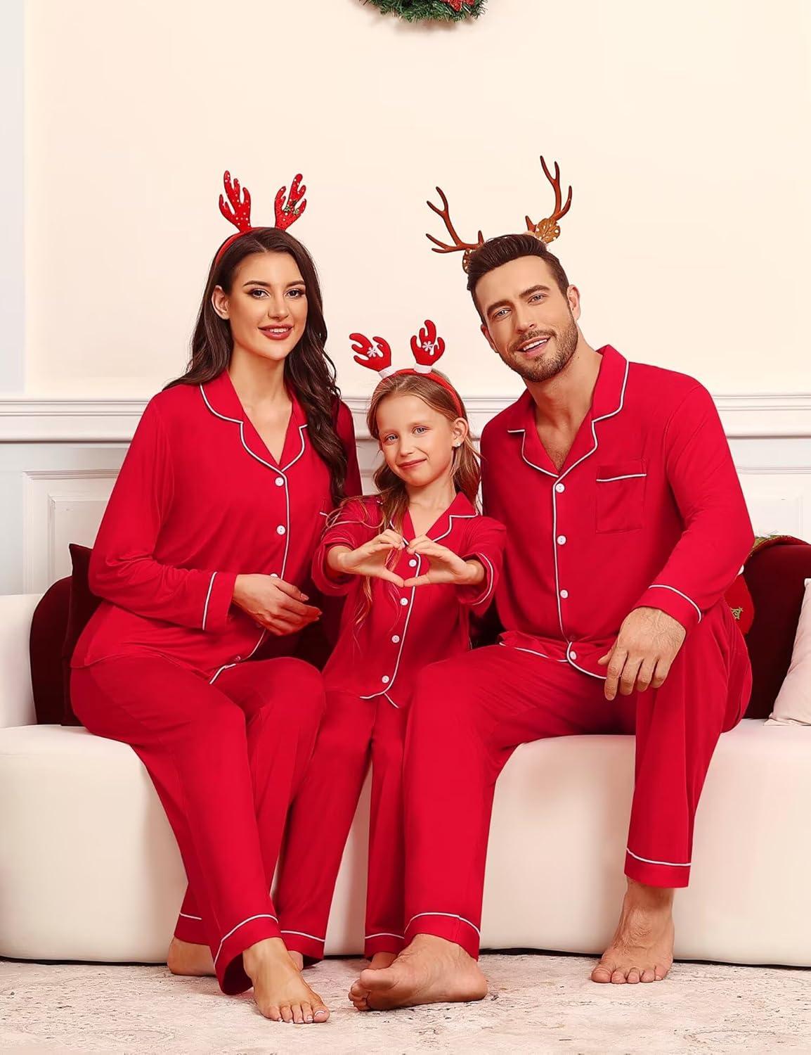 imageSWOMOG Family Matching Christmas Pajama Sets UltraSoft PJs Sets Long Sleeve Pull Over SleepwearLight Red
