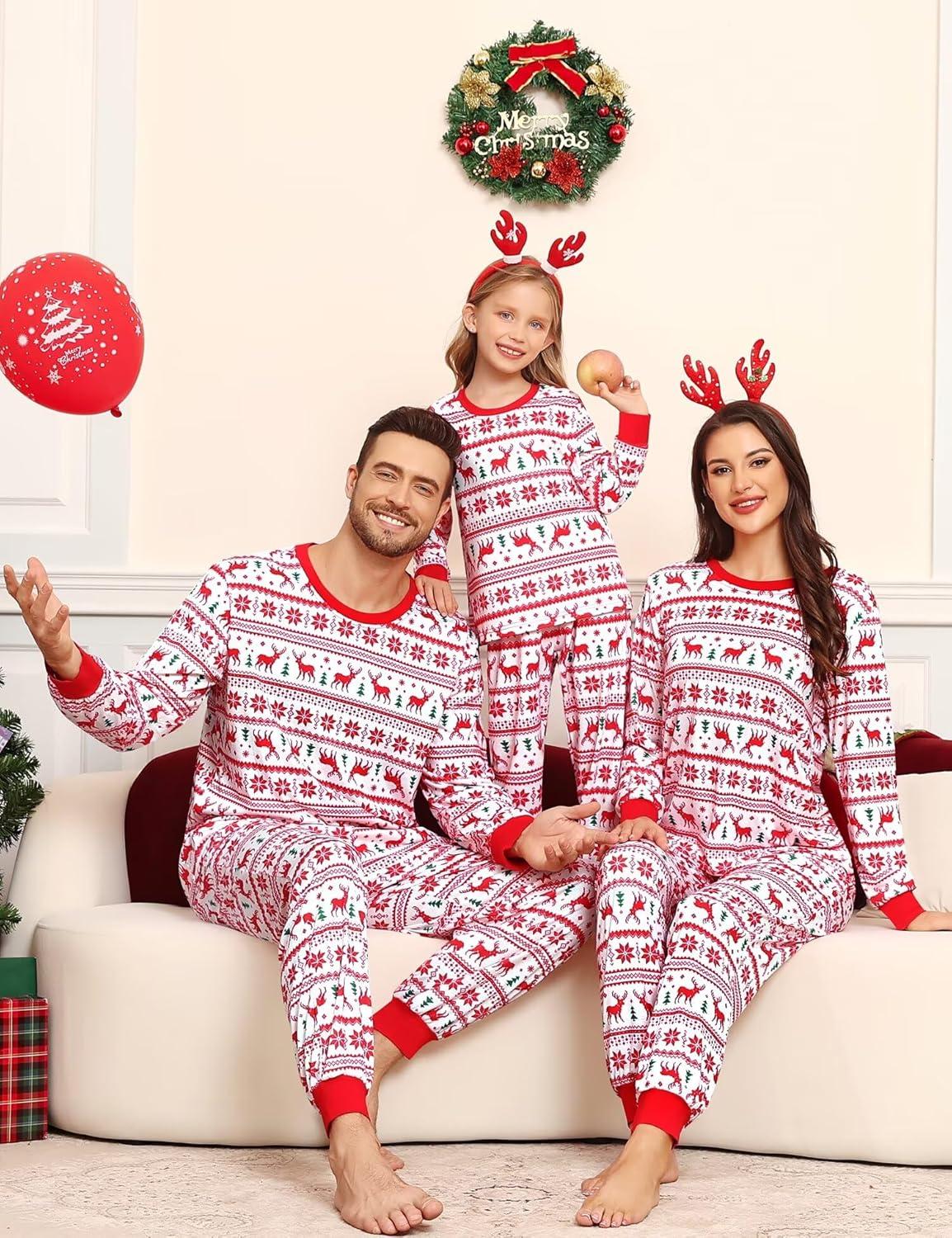 imageSWOMOG Family Matching Christmas Pajama Sets UltraSoft PJs Sets Long Sleeve Pull Over SleepwearPull Over Flower Deer