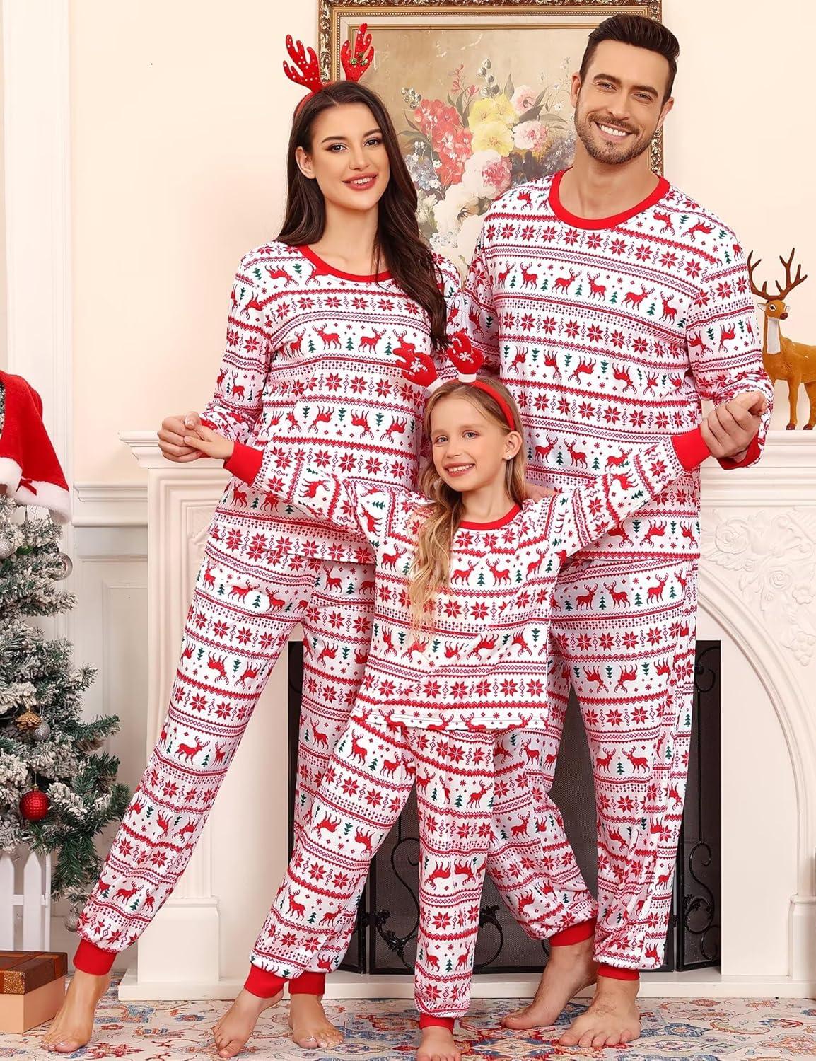 imageSWOMOG Family Matching Christmas Pajama Sets UltraSoft PJs Sets Long Sleeve Pull Over SleepwearPull Over Flower Deer