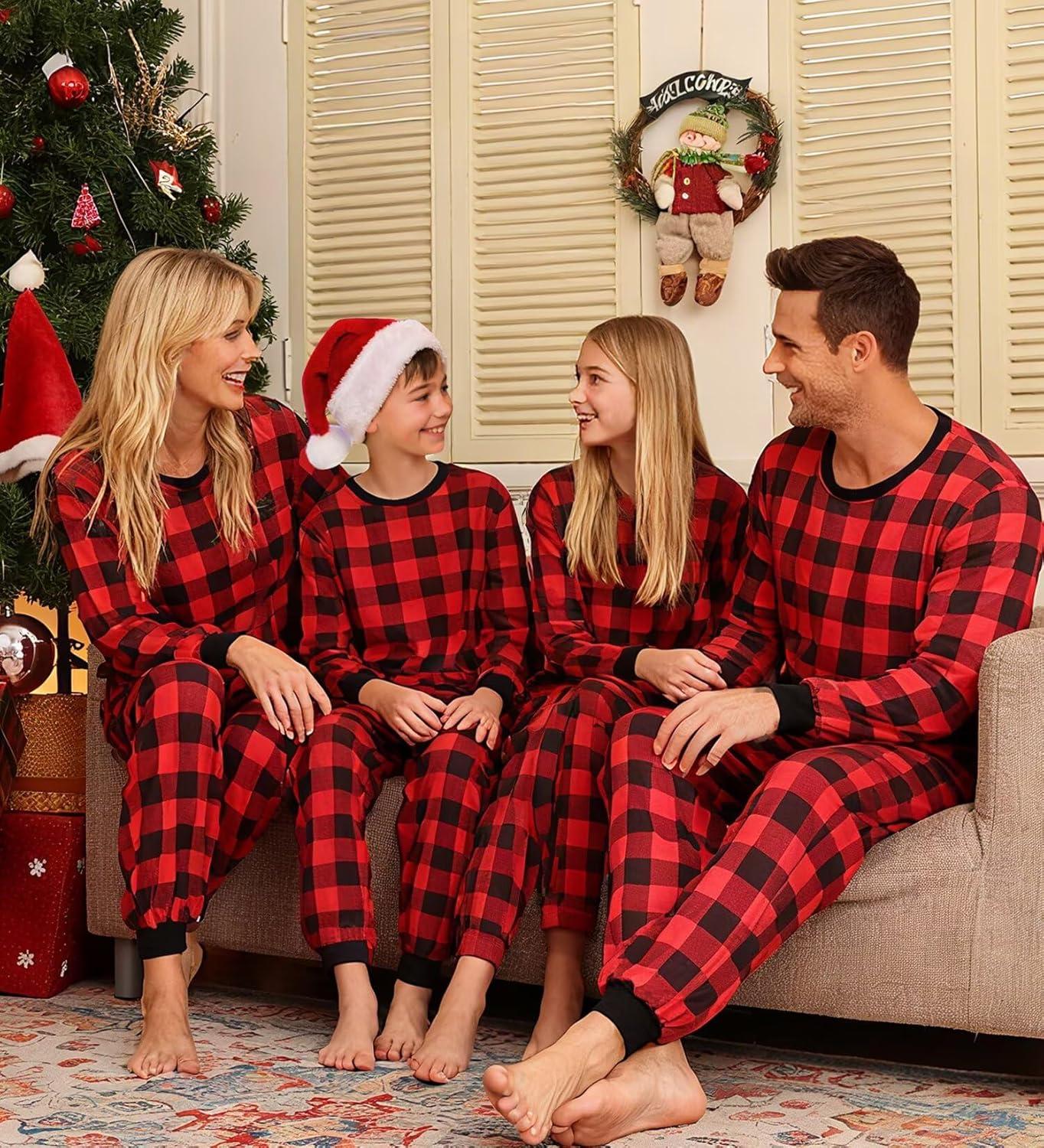 imageSWOMOG Family Matching Christmas Pajama Sets UltraSoft PJs Sets Long Sleeve Pull Over SleepwearPull Over Red Plaid