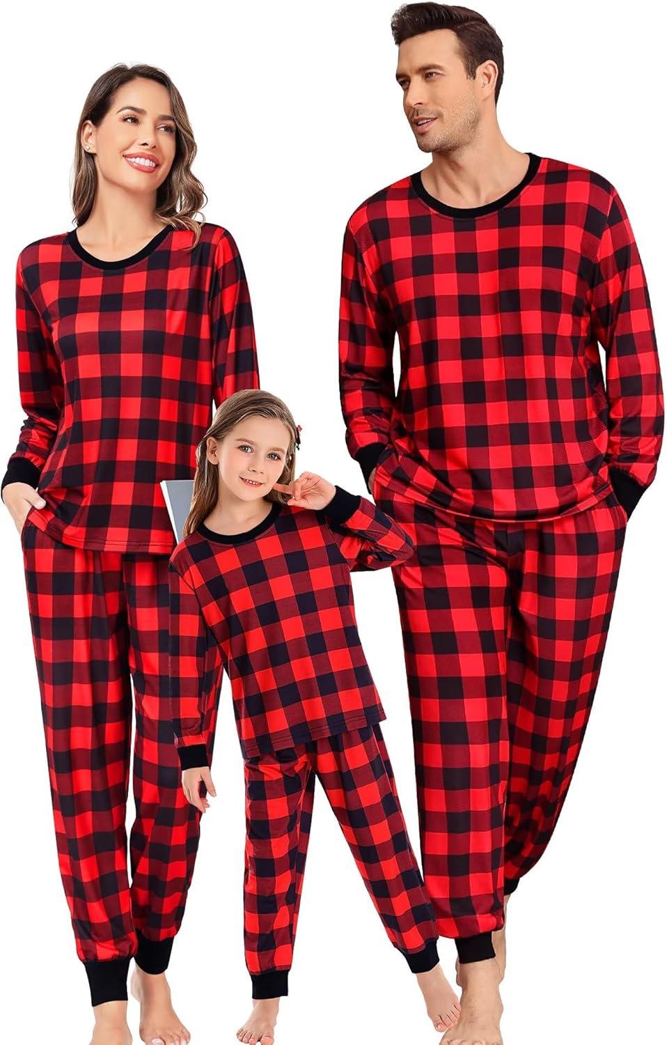 imageSWOMOG Family Matching Christmas Pajama Sets UltraSoft PJs Sets Long Sleeve Pull Over SleepwearPull Over Red Plaid