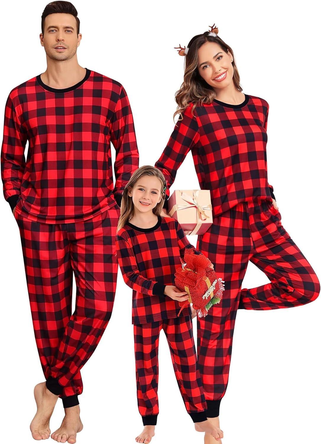 imageSWOMOG Family Matching Christmas Pajama Sets UltraSoft PJs Sets Long Sleeve Pull Over SleepwearPull Over Red Plaid