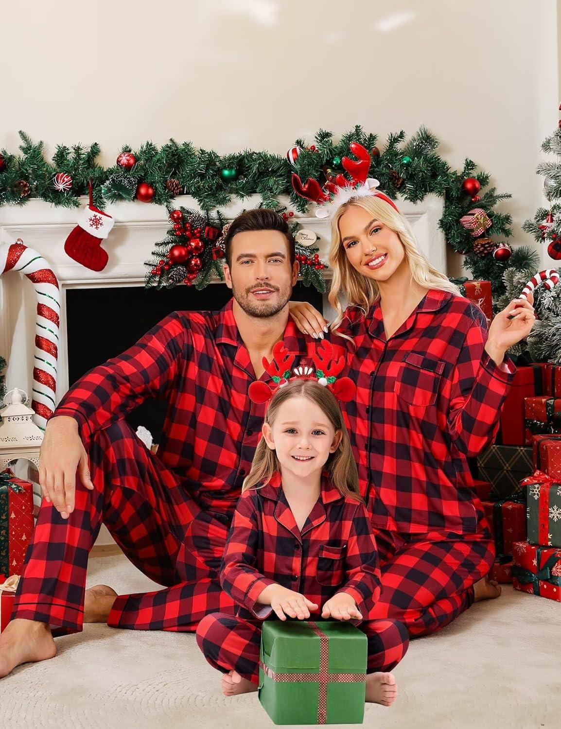 imageSWOMOG Family Matching Christmas Pajama Sets UltraSoft PJs Sets Long Sleeve Pull Over SleepwearRed Plaid