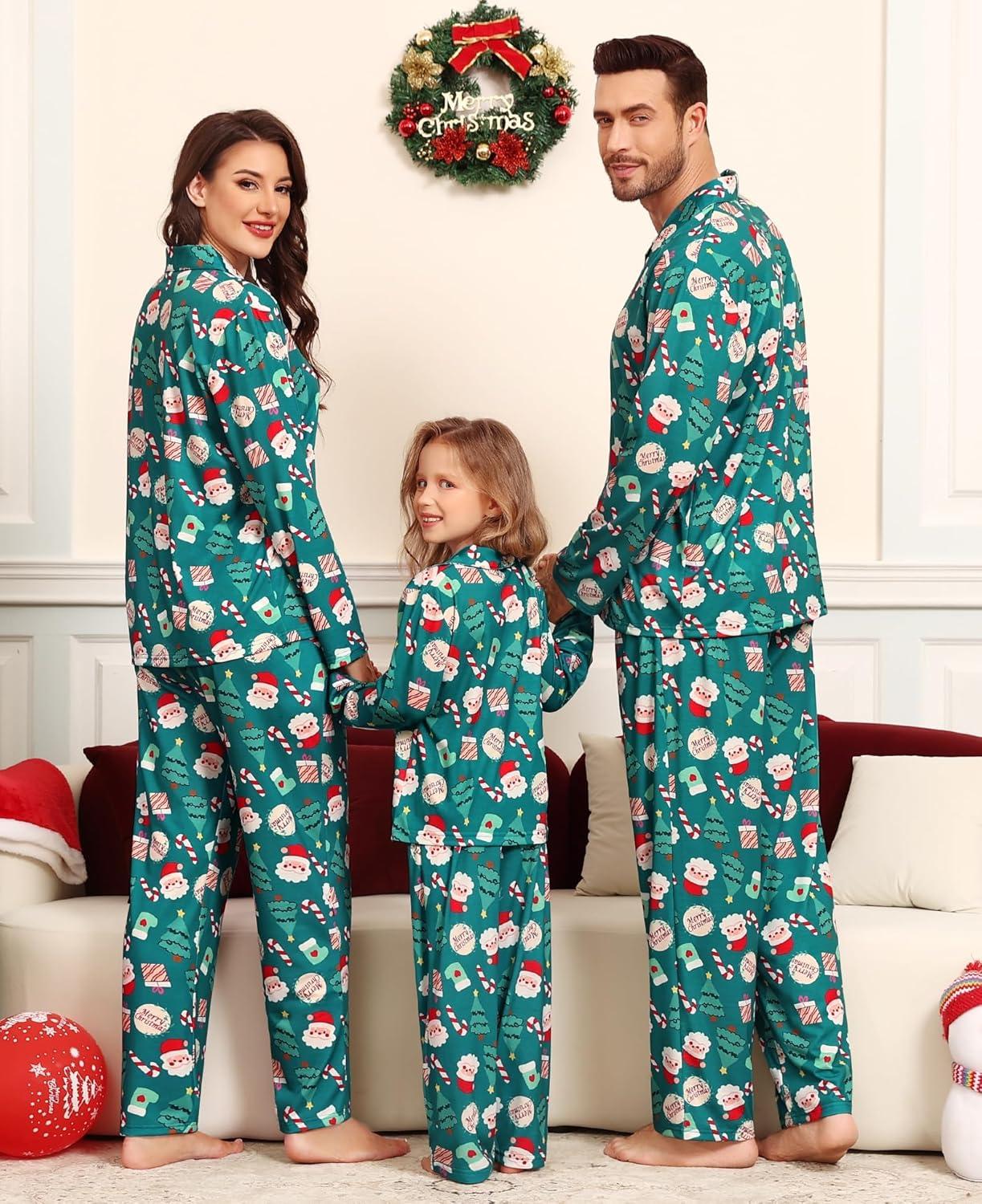 imageSWOMOG Matching Family Christmas Pajamas Set Long Sleeve Festival Party Pj Set ButtonDown Sleepwear Soft NightwearGreen Christmas