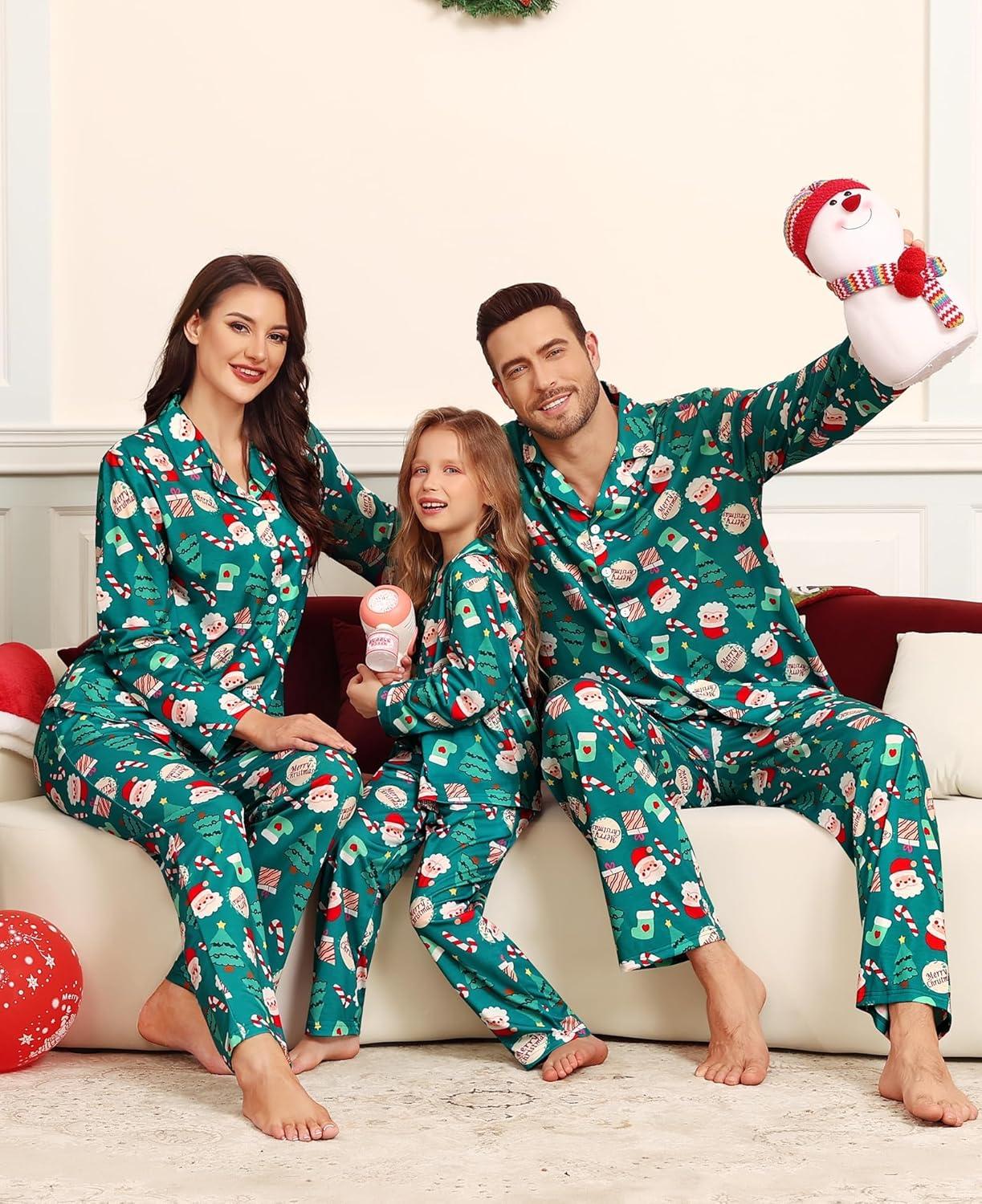 imageSWOMOG Matching Family Christmas Pajamas Set Long Sleeve Festival Party Pj Set ButtonDown Sleepwear Soft NightwearGreen Christmas