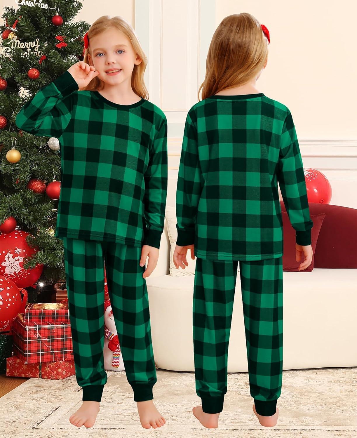 imageSWOMOG Matching Family Christmas Pajamas Set Long Sleeve Festival Party Pj Set ButtonDown Sleepwear Soft NightwearGreen Plaid