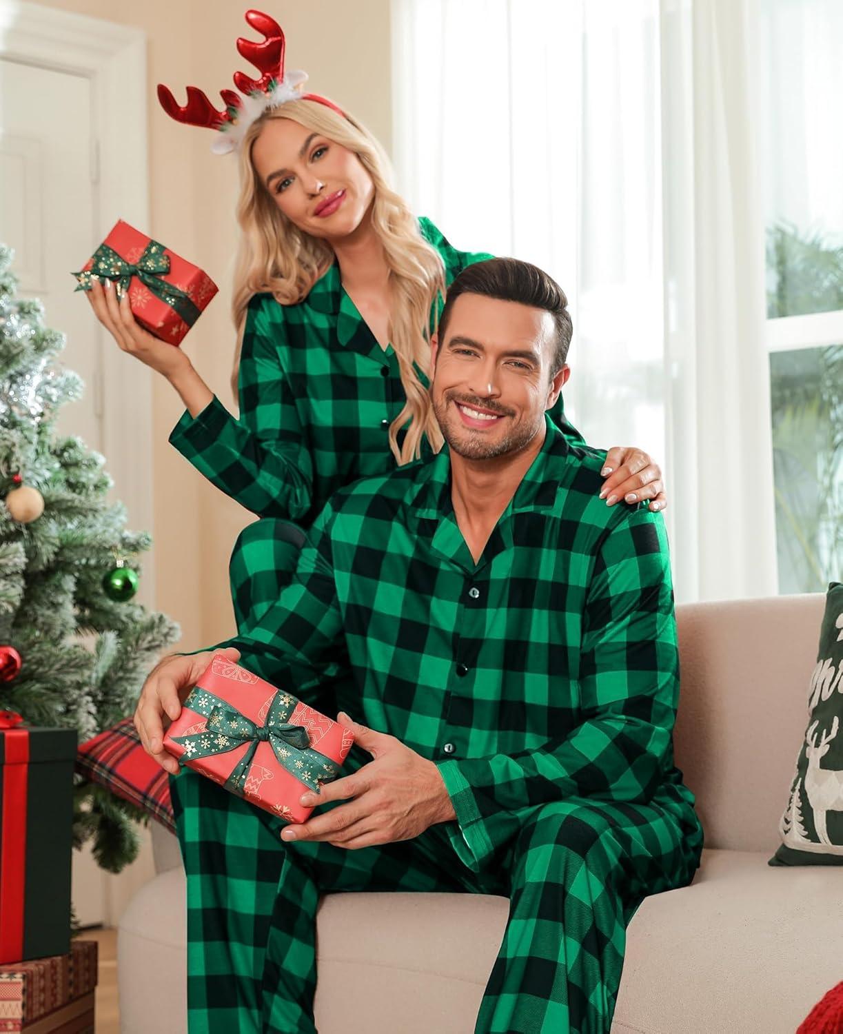 imageSWOMOG Matching Family Christmas Pajamas Set Long Sleeve Festival Party Pj Set ButtonDown Sleepwear Soft NightwearGreen Plaid