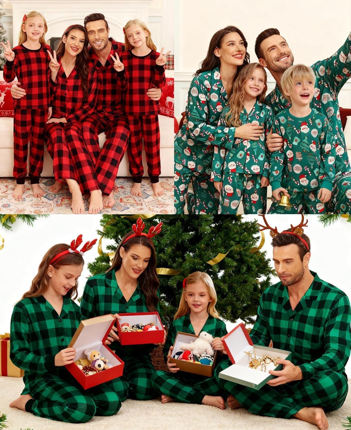imageSWOMOG Matching Family Christmas Pajamas Set Long Sleeve Festival Party Pj Set ButtonDown Sleepwear Soft NightwearGreen Plaid