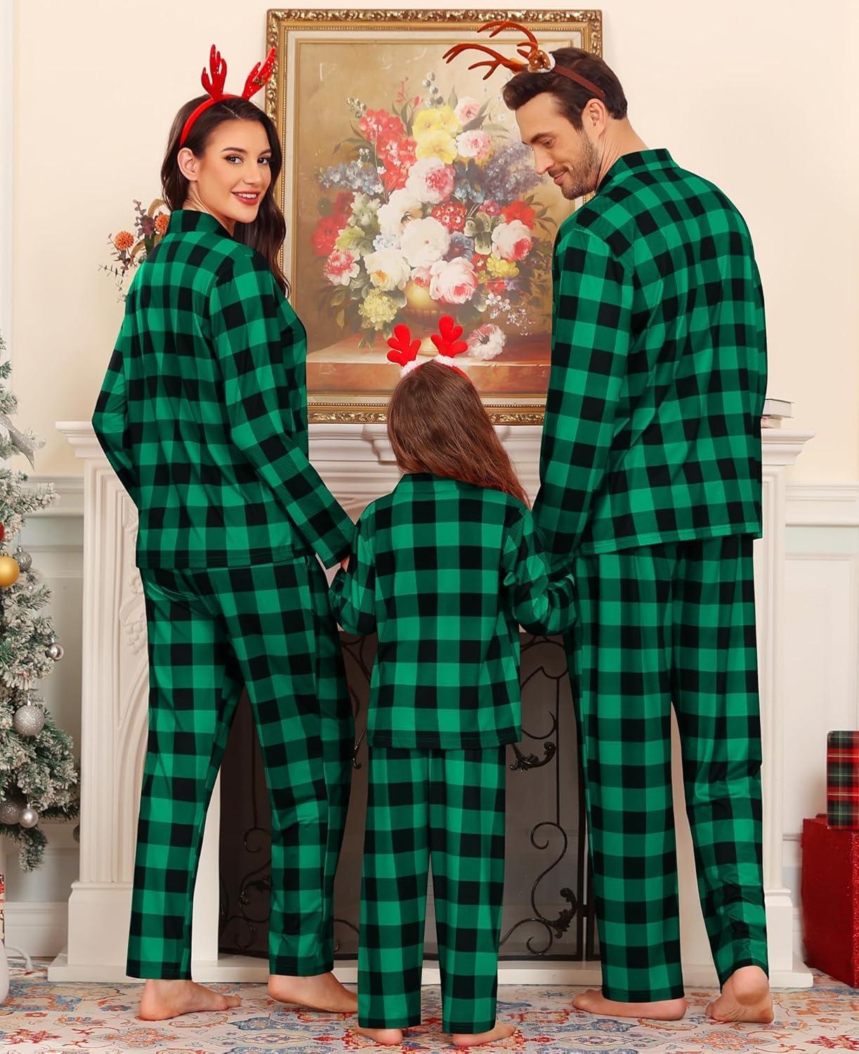 imageSWOMOG Matching Family Christmas Pajamas Set Long Sleeve Festival Party Pj Set ButtonDown Sleepwear Soft NightwearGreen Plaid