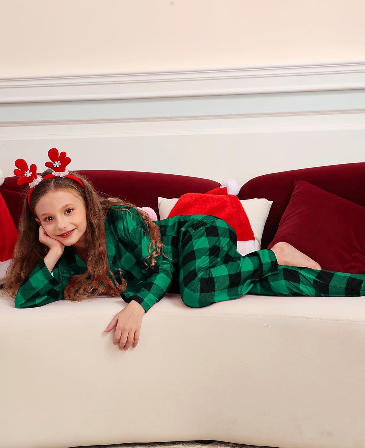 imageSWOMOG Matching Family Christmas Pajamas Set Long Sleeve Festival Party Pj Set ButtonDown Sleepwear Soft NightwearGreen Plaid
