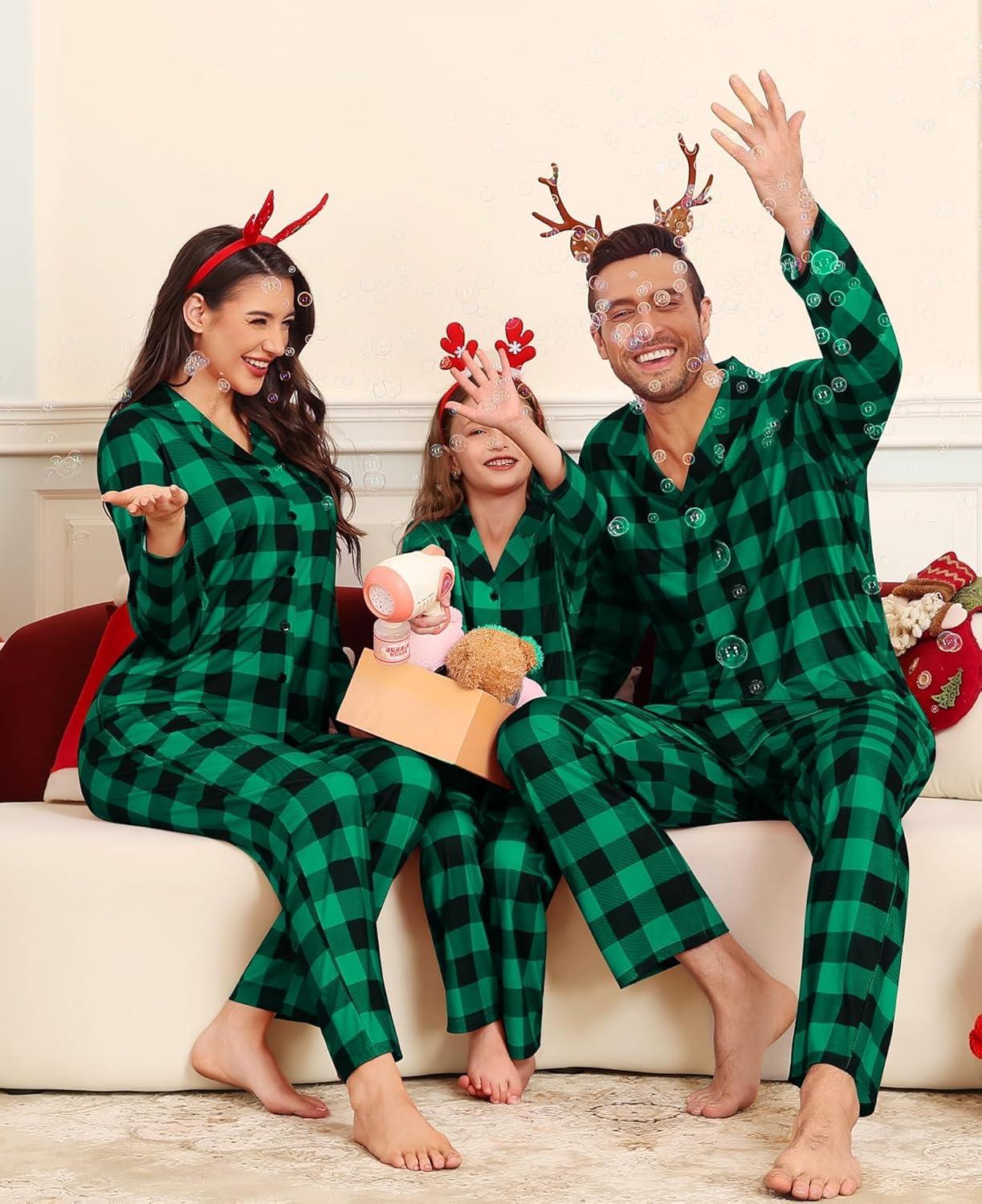imageSWOMOG Matching Family Christmas Pajamas Set Long Sleeve Festival Party Pj Set ButtonDown Sleepwear Soft NightwearGreen Plaid