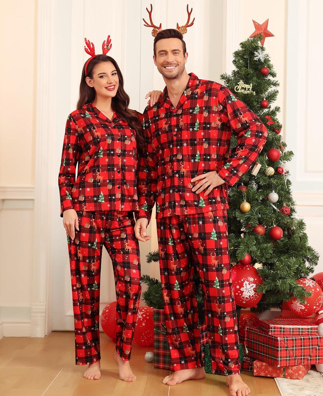 imageSWOMOG Matching Family Christmas Pajamas Set Long Sleeve Festival Party Pj Set ButtonDown Sleepwear Soft NightwearRed Christmas