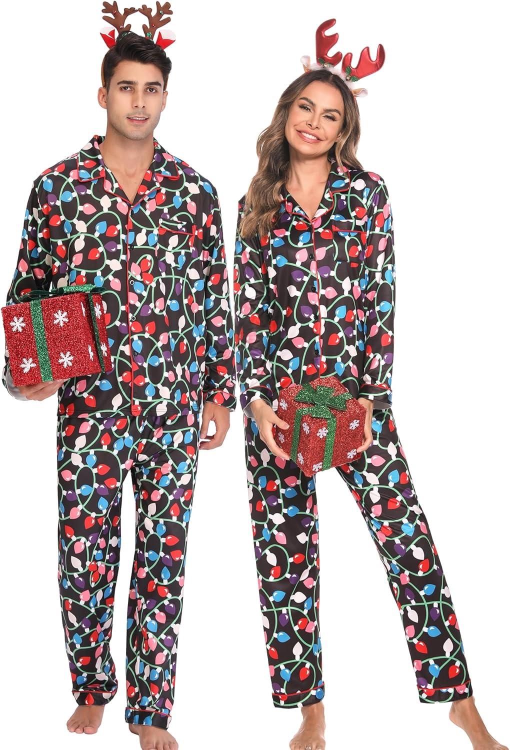 imageSWOMOG Matching Family Christmas Pajamas Set Long Sleeve Festival Party Pj Set ButtonDown SleepwearChristmas Light