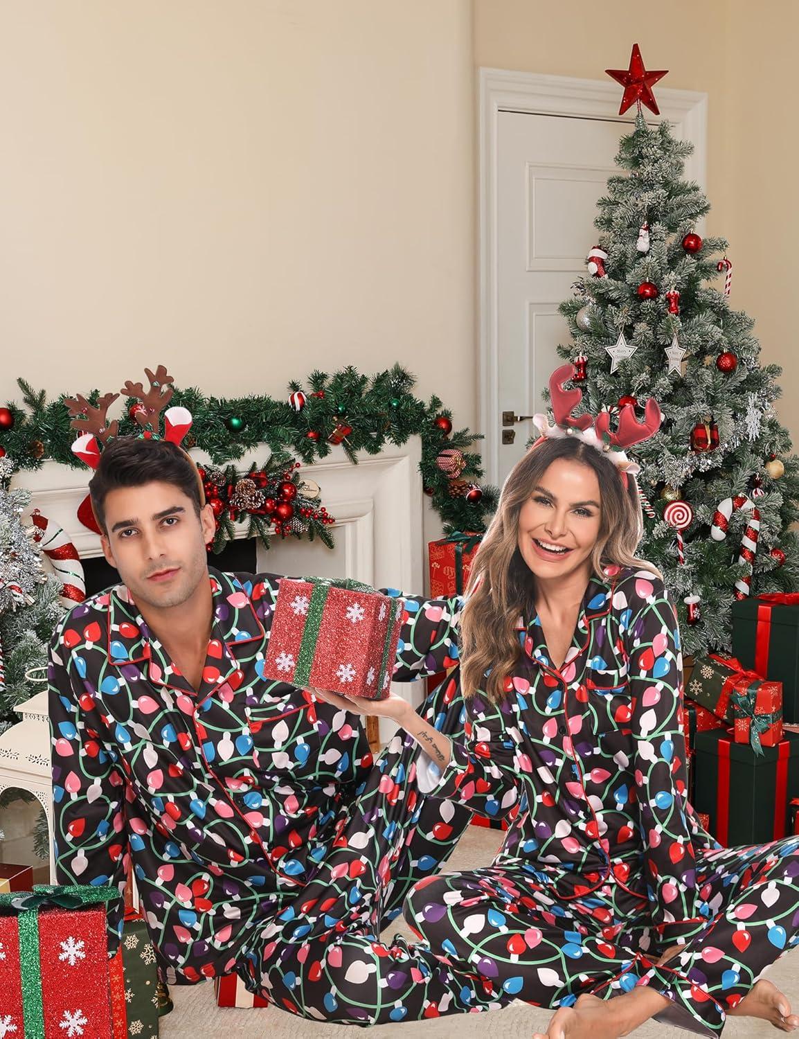 imageSWOMOG Matching Family Christmas Pajamas Set Long Sleeve Festival Party Pj Set ButtonDown SleepwearChristmas Light