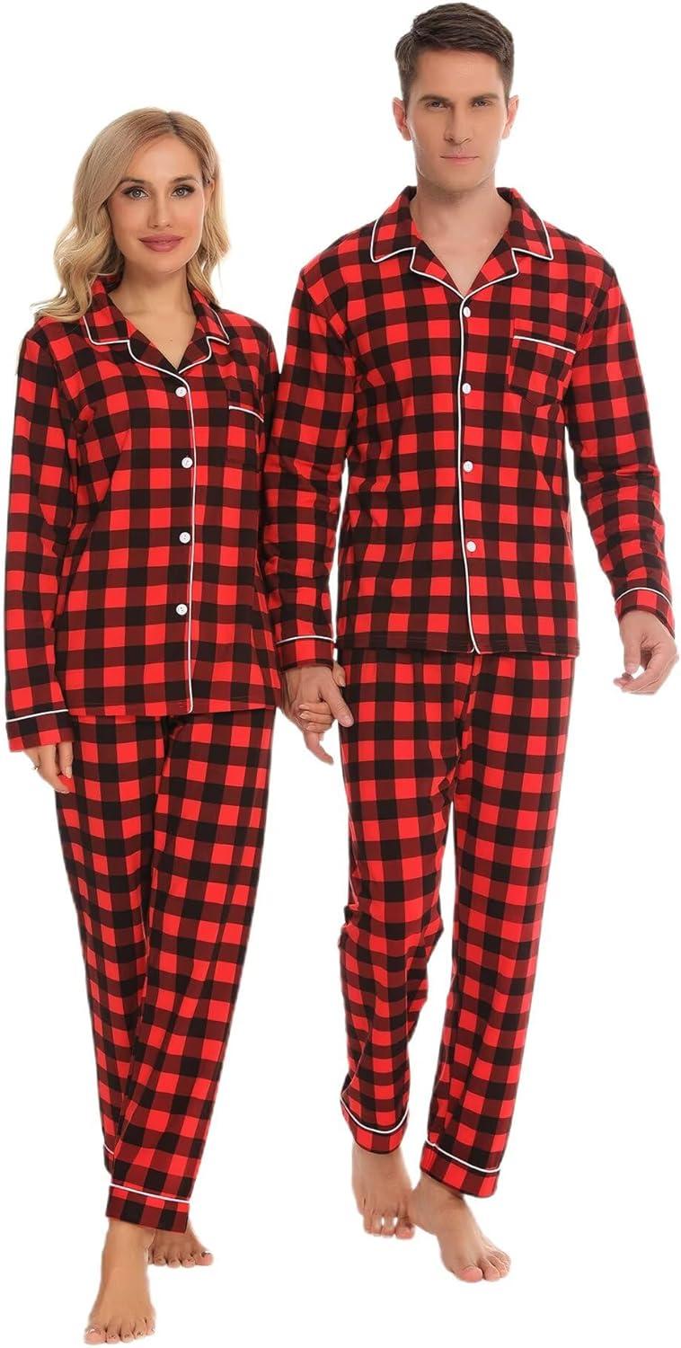 imageSWOMOG Matching Family Christmas Pajamas Set Long Sleeve Festival Party Pj Set ButtonDown SleepwearRed With Black Plaid