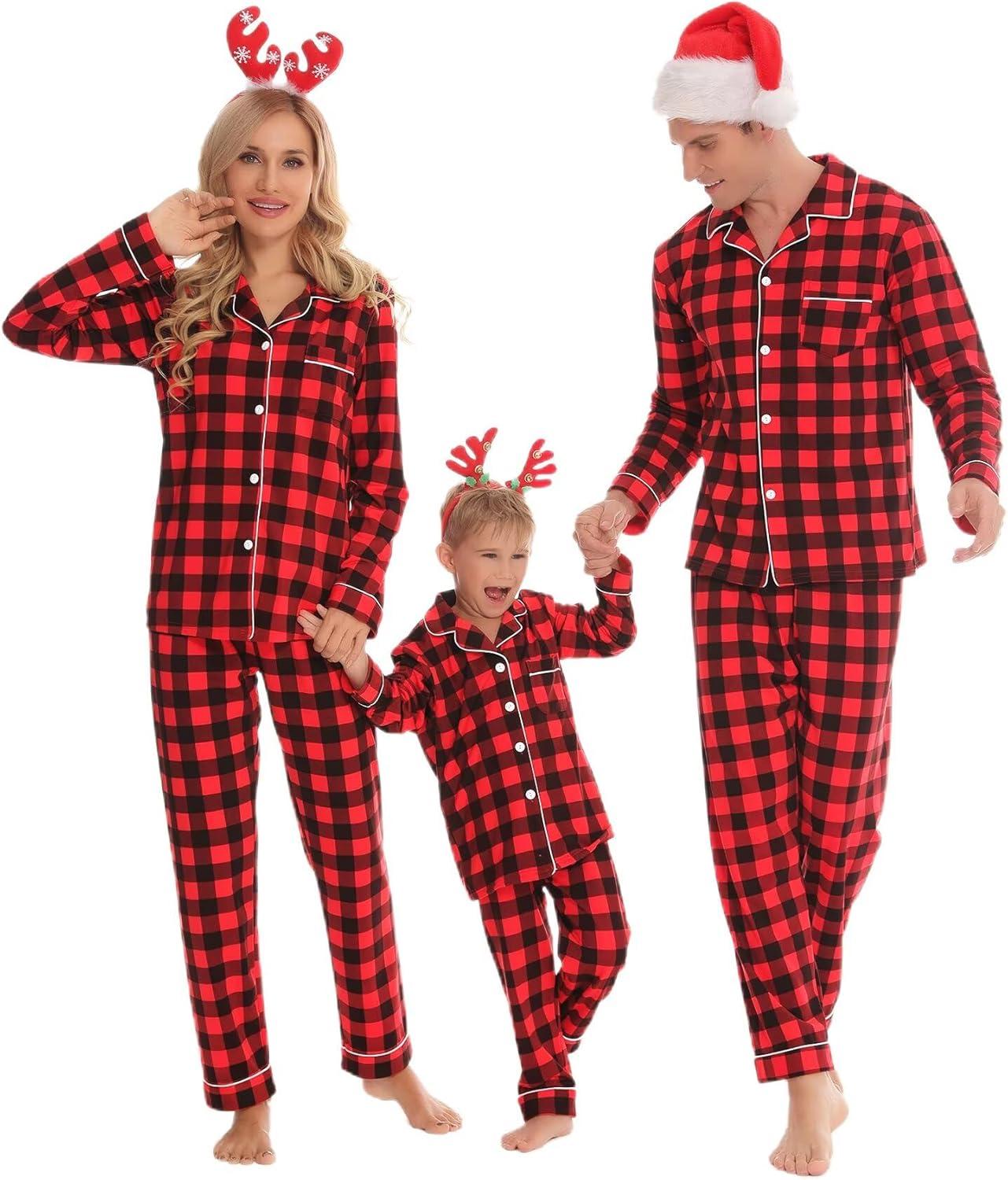imageSWOMOG Matching Family Christmas Pajamas Set Long Sleeve Festival Party Pj Set ButtonDown SleepwearRed With Black Plaid