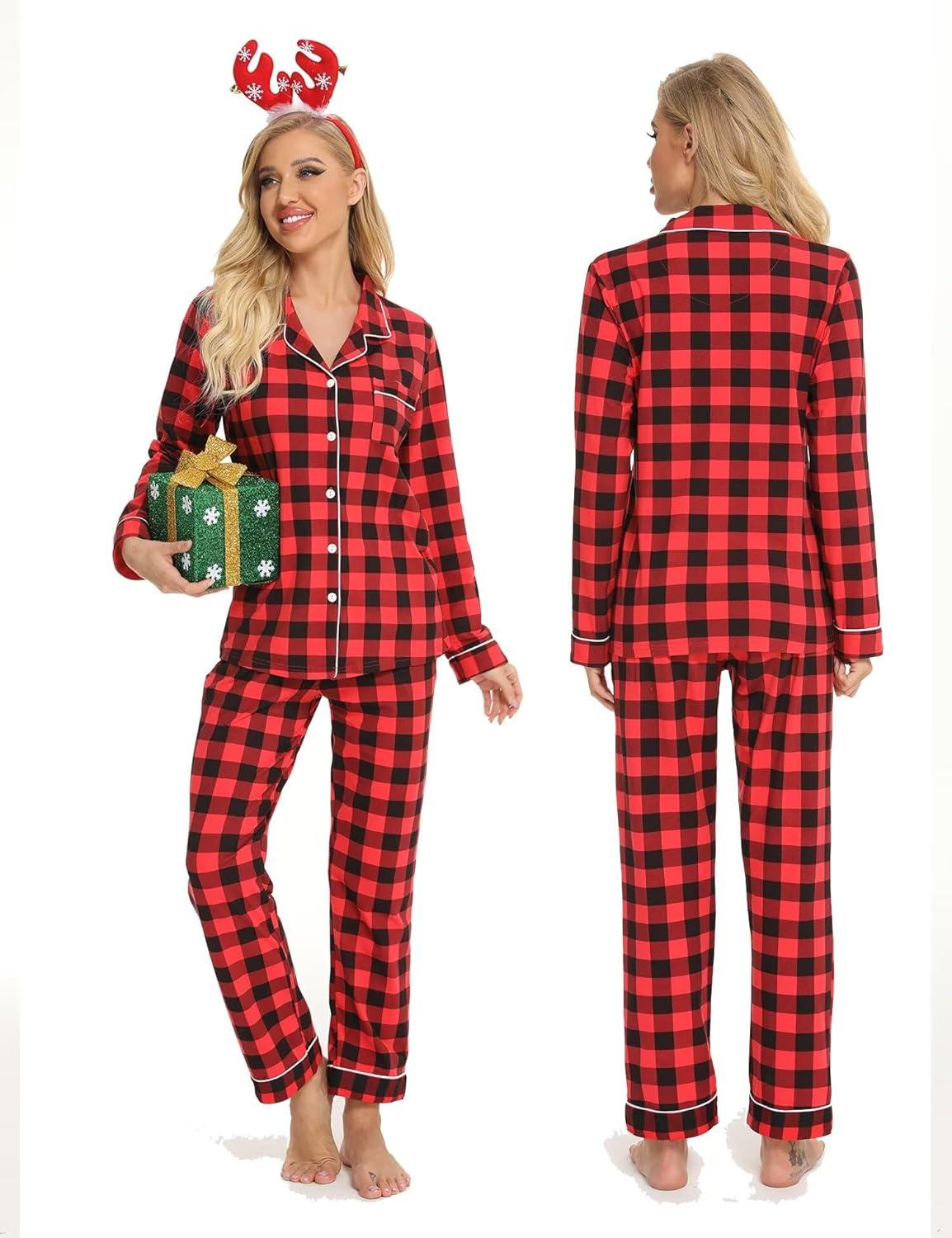 imageSWOMOG Matching Family Christmas Pajamas Set Long Sleeve Festival Party Pj Set ButtonDown SleepwearRed With Black Plaid