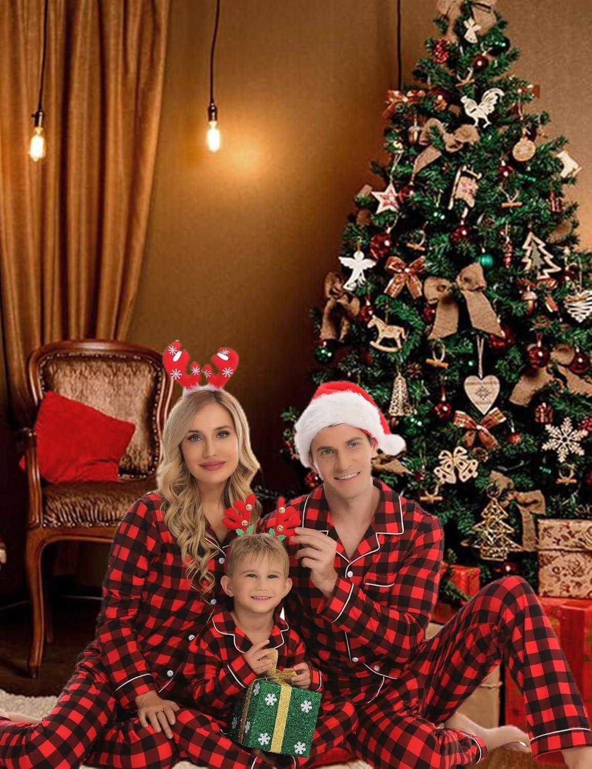 imageSWOMOG Matching Family Christmas Pajamas Set Long Sleeve Festival Party Pj Set ButtonDown SleepwearRed With Black Plaid